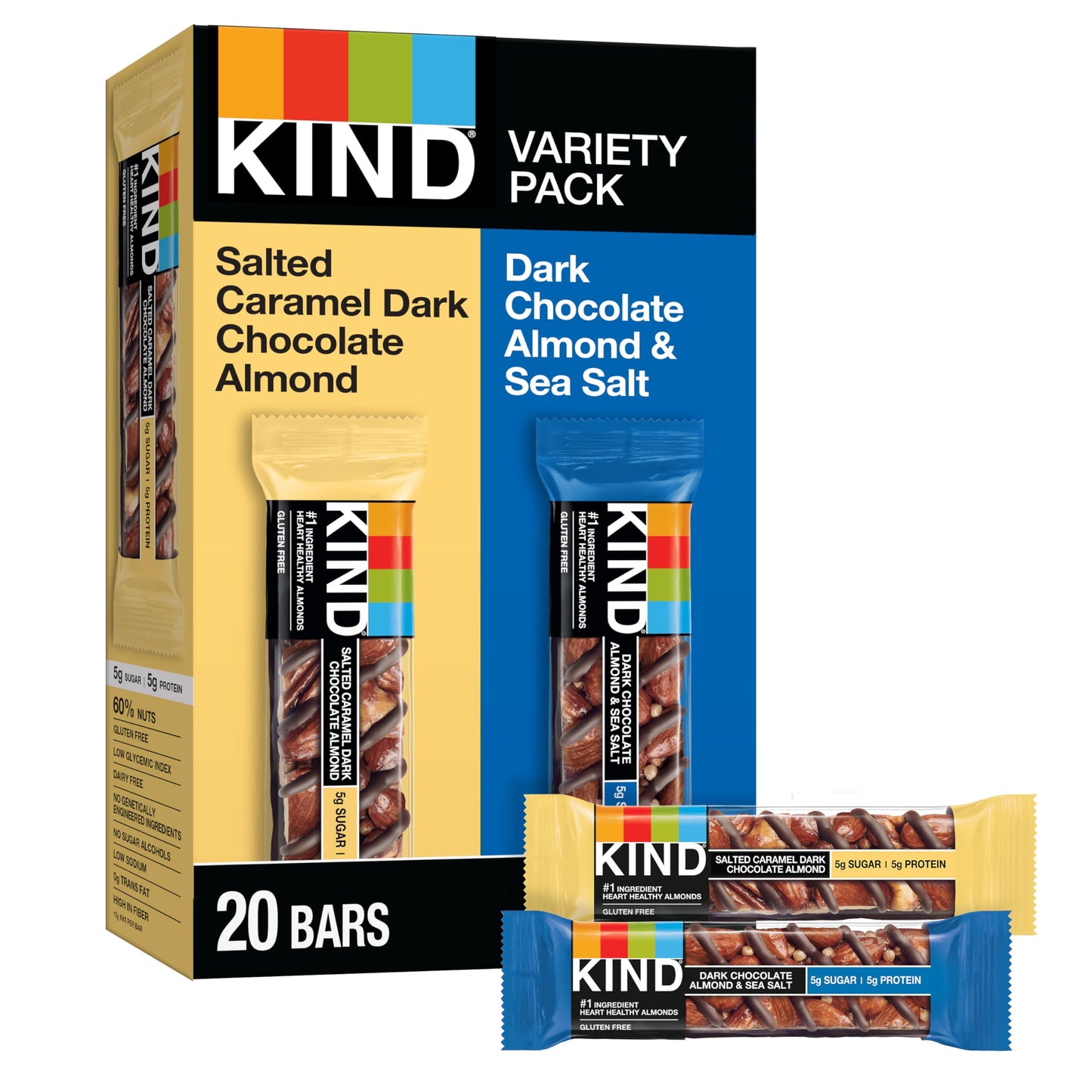 KIND Nut Bars, Variety Pack, Salted Caramel Dark Chocolate Almond, Dark Chocolate Almond & Sea Salt, Healthy Snacks, Good Source of Fiber, Gluten Free, Low Sugar, 5g Protein, 20 Count