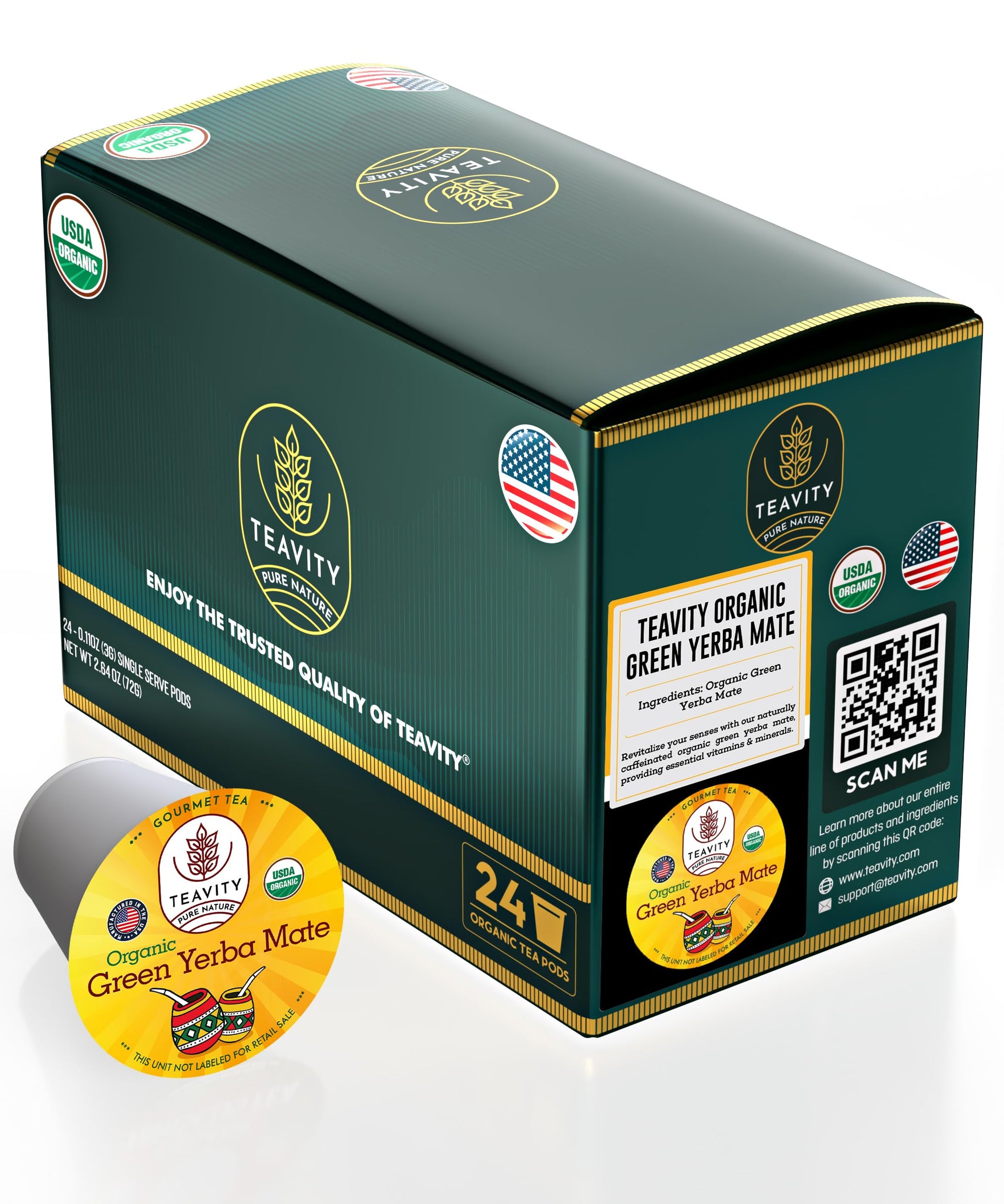 Teavity Organic Yerba Mate Tea Pods for Keurig - Green, Unsmoked - 24 Count