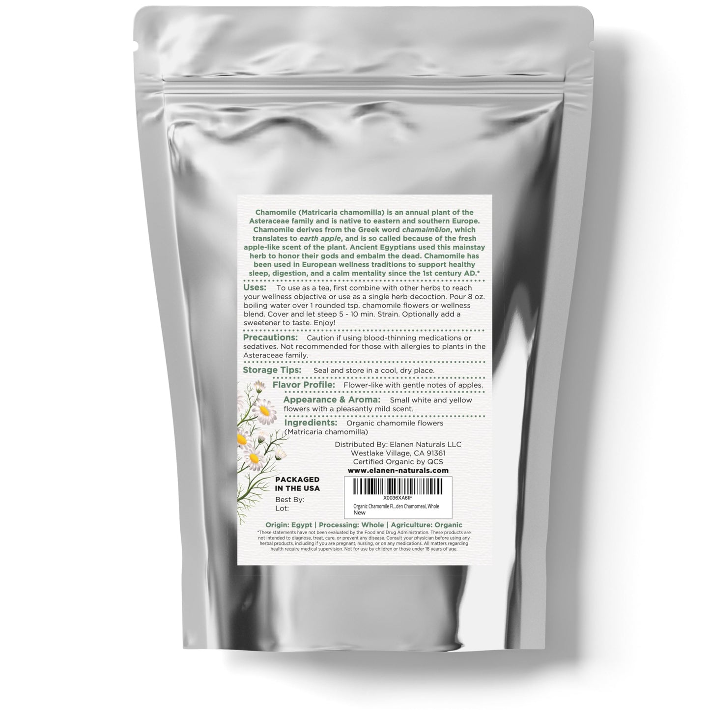 Elanen Naturals Organic Chamomile Flowers 4 Oz. (113G), Usda Certified Organic Chamomile Tea Loose Leaf, Camomile Tea, Manzanill