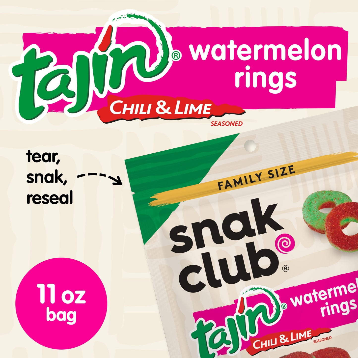 Snak Club Watermelon Rings, Tajin Chili & Lime Seasoned, Sweet and Spicy Gummy Candy, Mild in Heat Bold in Flavor, Low-Fat, Vega