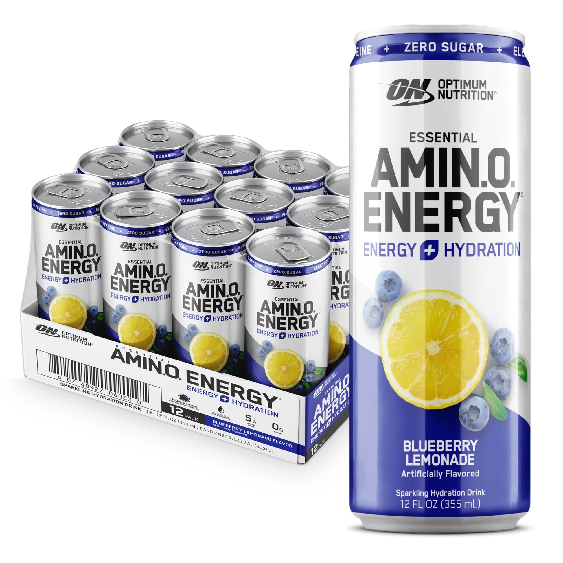 Optimum Nutrition Amino Energy Sparkling Hydration Drink  Electrolytes  Caffeine  Amino Acids  BCAAs  Sugar Free  Blueberry Lemonade  12 Fl Oz  12 Pack (Packaging May Vary)