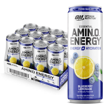 Optimum Nutrition Amino Energy Sparkling Hydration Drink  Electrolytes  Caffeine  Amino Acids  BCAAs  Sugar Free  Blueberry Lemonade  12 Fl Oz  12 Pack (Packaging May Vary)