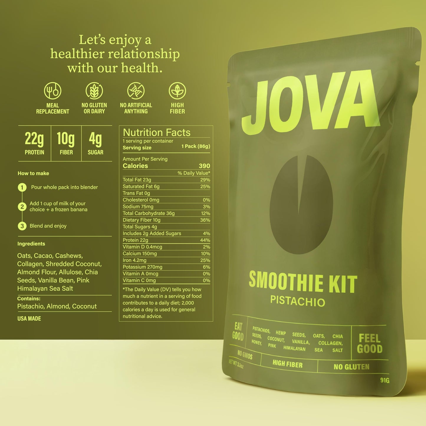 JOVA Nutritious Meal Replacement Shake | 22g Protein, 10g Fiber, 4g Sugar (Whole Foods: Oats, Pistachio, Collagen, Hemp Seed, Co