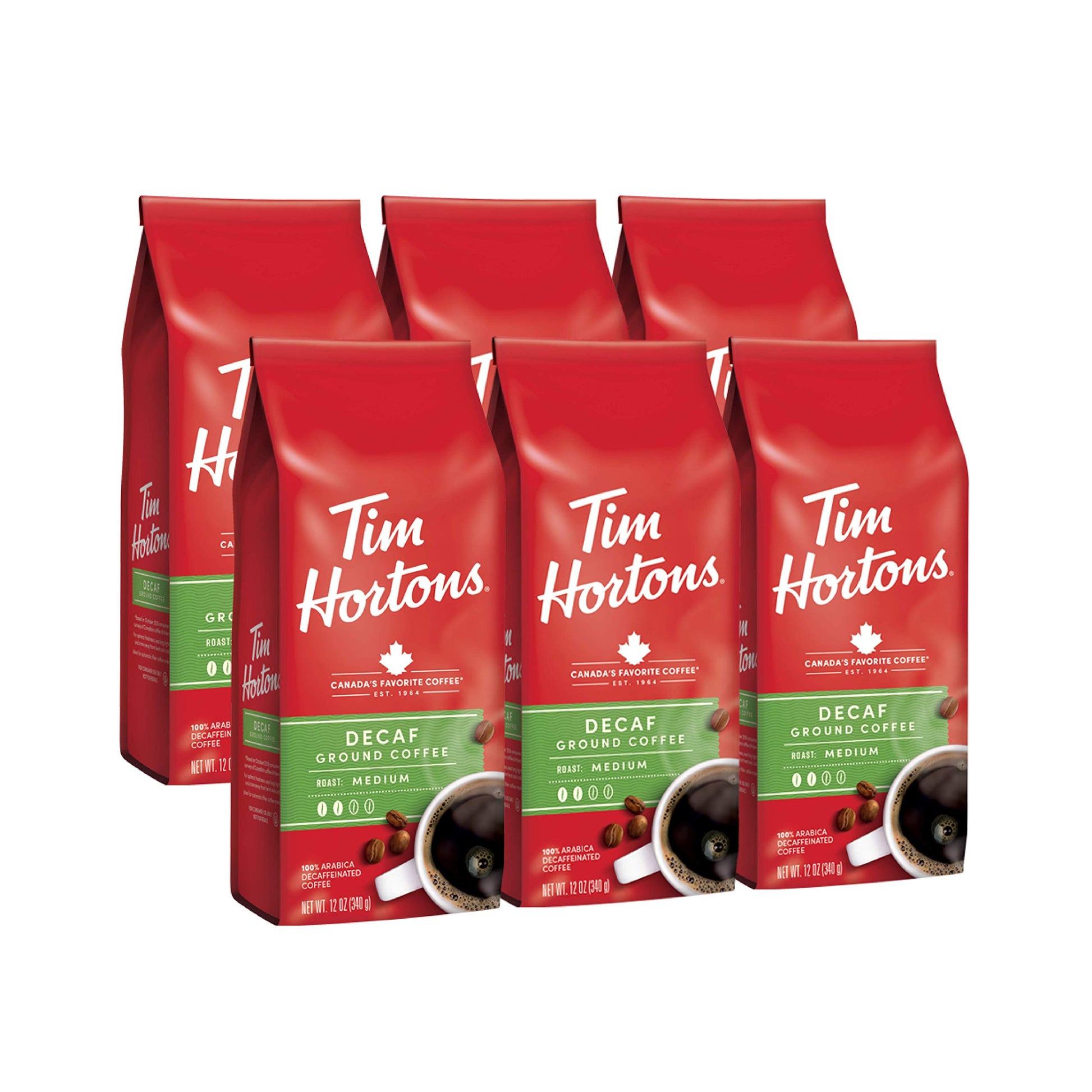 Tim Hortons Decaf Blend  Medium Roast Ground Coffee  Perfectly Balanced  Always Smooth  Made with 100% Arabica Beans  72 Ounce (6 x 12 oz Bags)