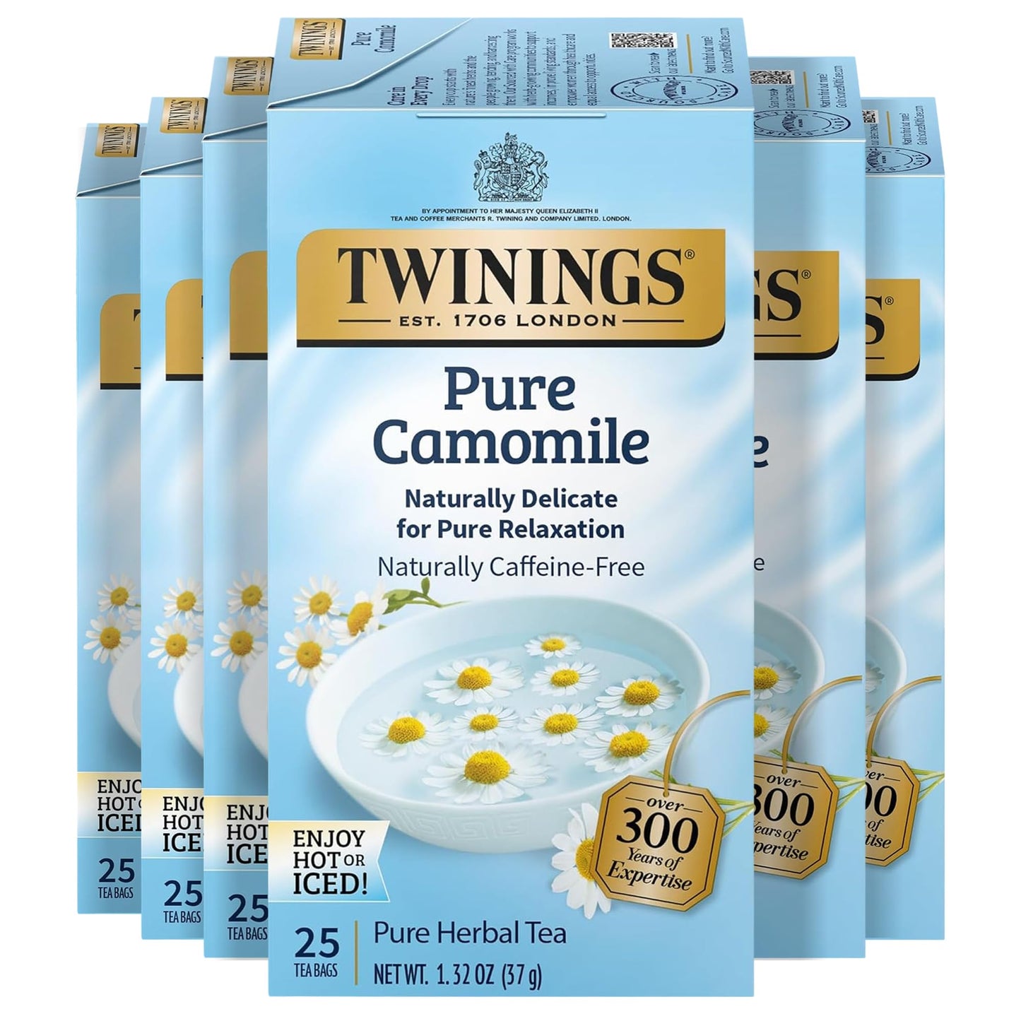 Twinings Herbal Tea, Pure Camomile, Caffeine-Free, 25 Count (Pack of 6), Model 9178, Individually Wrapped Bags