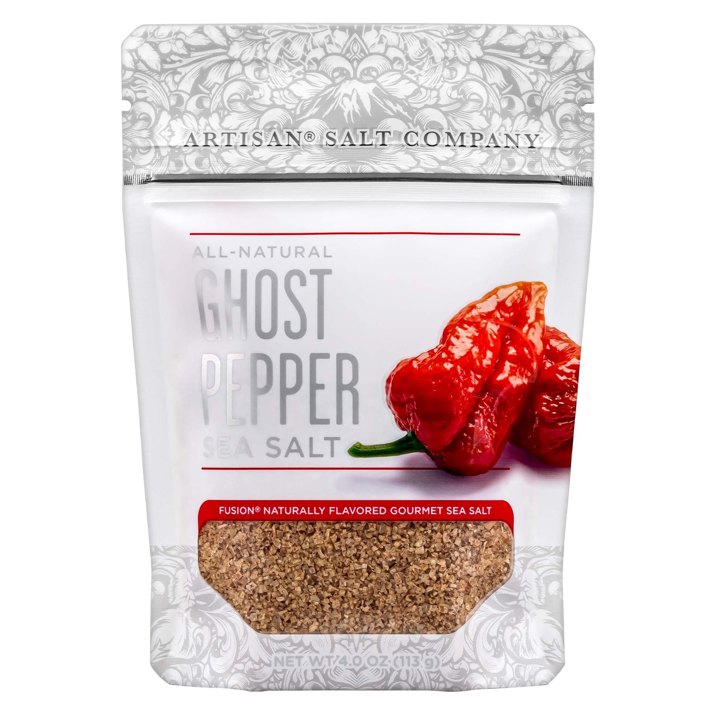 SaltWorks Artisan Ghost Pepper Sea Salt, 4 Ounce Zip-Top Pouch, Light Tan to Medium Brown Crystals