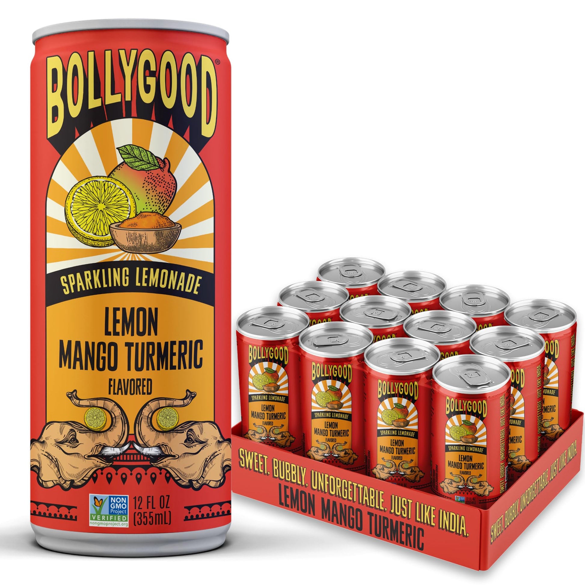 Bollygood Sparkling Lemonade, Lemon Mango Turmeric, Indian Inspired Beverage Nimbu Pani, No Artifical Colors or Flavors, Non-GMO