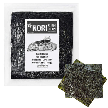 Kimnori Sushi Nori Seaweed Sheets - 100 Half Cut Size Yaki Roasted Rolls Wraps Resealable Bag 100% Natural Laver Fresh Premium R