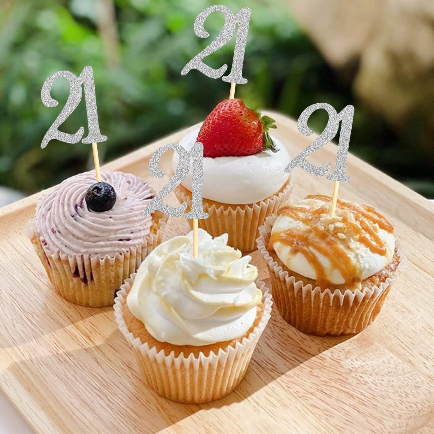 Sumerk 21 Cupcake Toppers, Silver Glitter, 24PCS, Paper, Small, 21st Birthday Anniversary Party Decorations