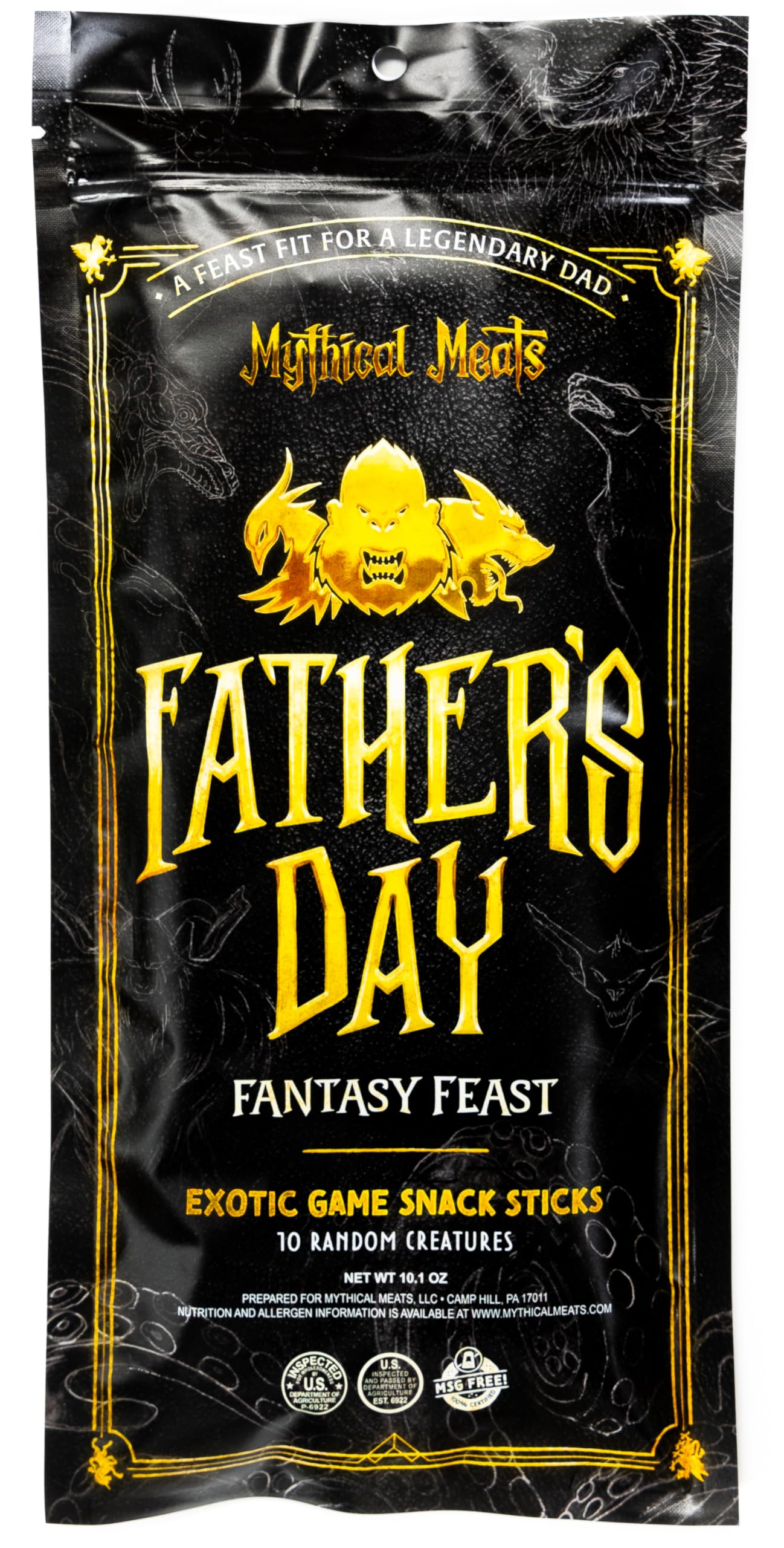 Mythical Meats Fathers Day Fantasy Feast Gift Pack - 10 Random Exotic Game and Beef Snack Sticks - Dried & Dehydrated Meats Seas