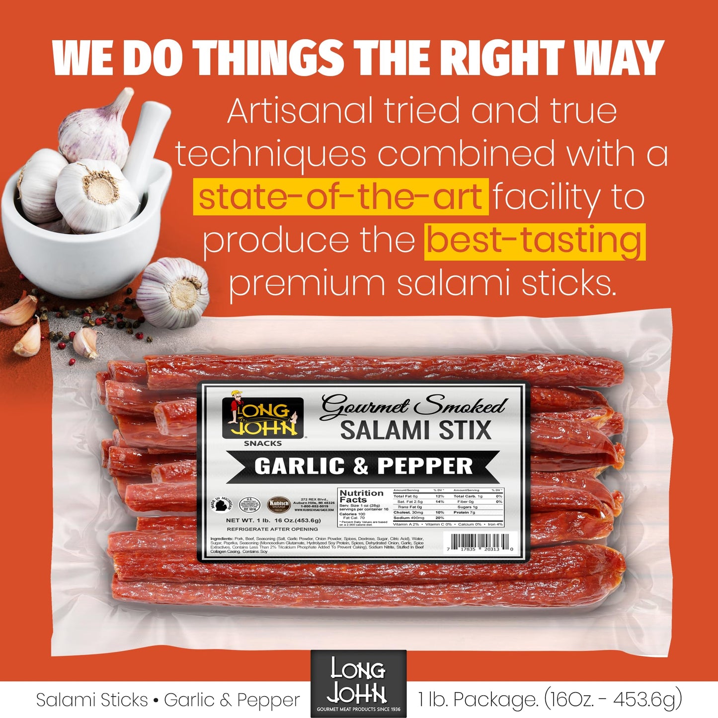 Long John Snacks Dried Salami Sticks - High Protein, Low Carb, Gluten-Free, 16 Oz Bulk Pack