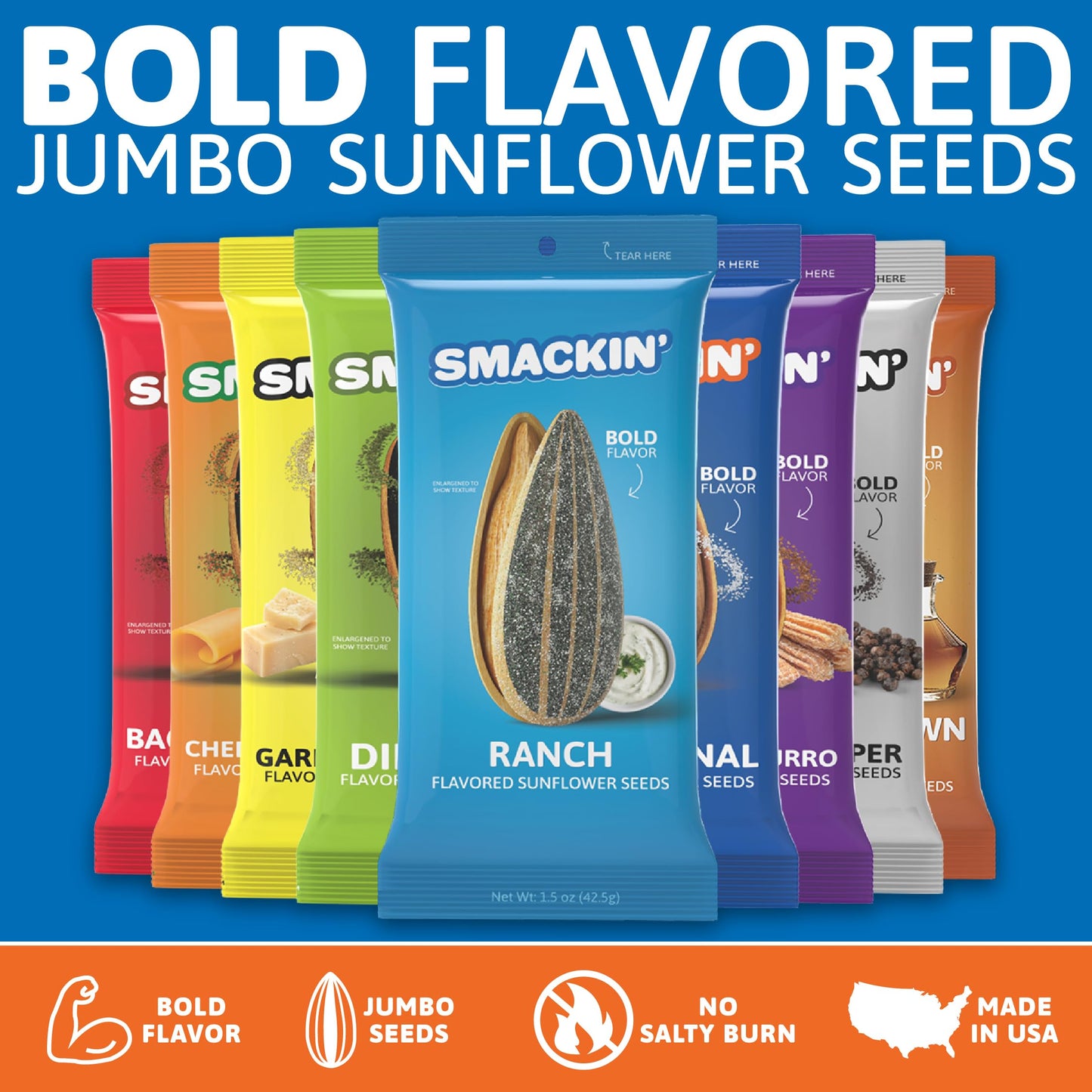 SMACKIN Sunflower Seeds  No Salty Burn  Roasted Jumbo Small-Batch  American Made - 10 Flavor Variety. 1.5oz bags (10 Bags)