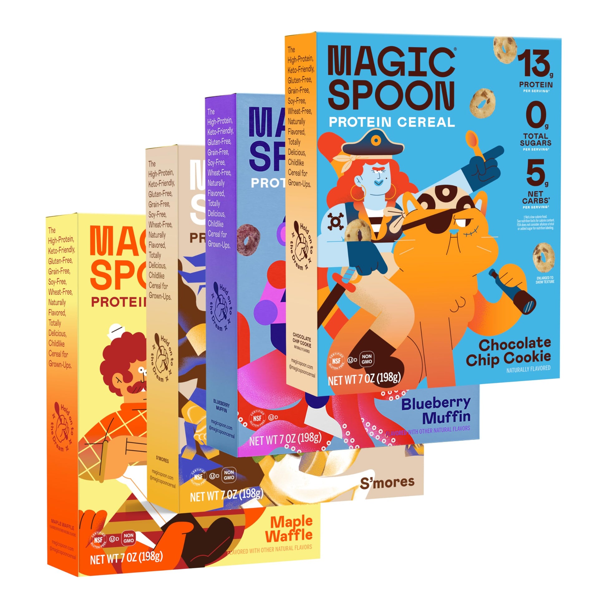 Magic Spoon Cereal - High Protein, Sugar Free, Gluten Free - 4 Pack (Smores, Blueberry Muffin, Chocolate Chip, Maple Waffle) - 7 Ounce