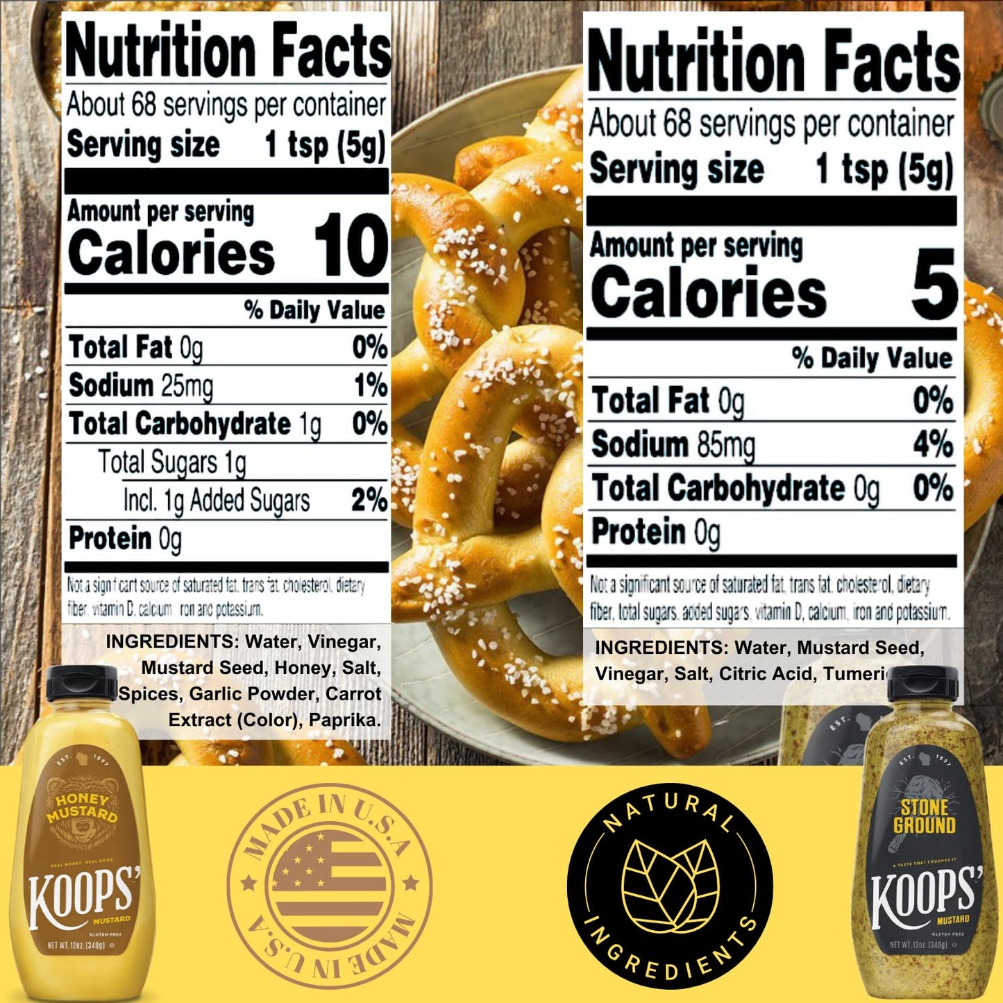 Koops Mustard Variety Pack - Original Yellow, Spicy Brown, Dijon, Honey Mustard, & More - Gluten-Free, Kosher, USDA Organic, Ma