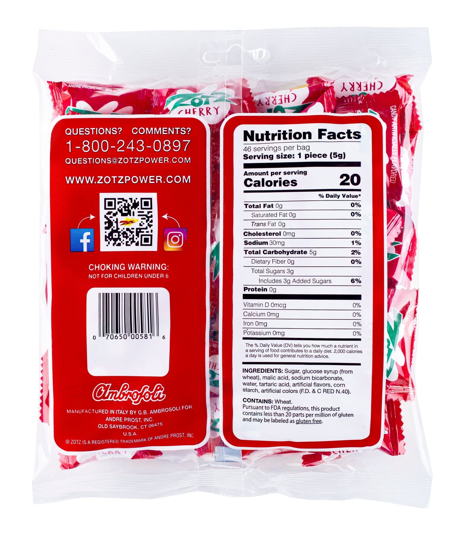 Zotz Fizz Power Candy Cherry - Fruit Flavored Hard Candy With A Fizzy Center | 230G Bag, Single Pack | Gluten-Free