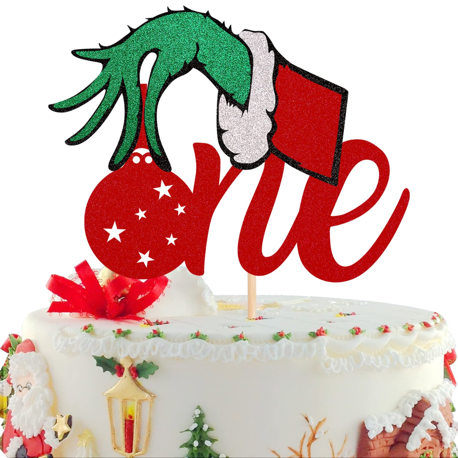 1 Pack Christmas One Cake Topper With Glitter Hand First Birthday Cake Topper Picks Decorations For Baby Shower 1St Birthday Party Supplies Red