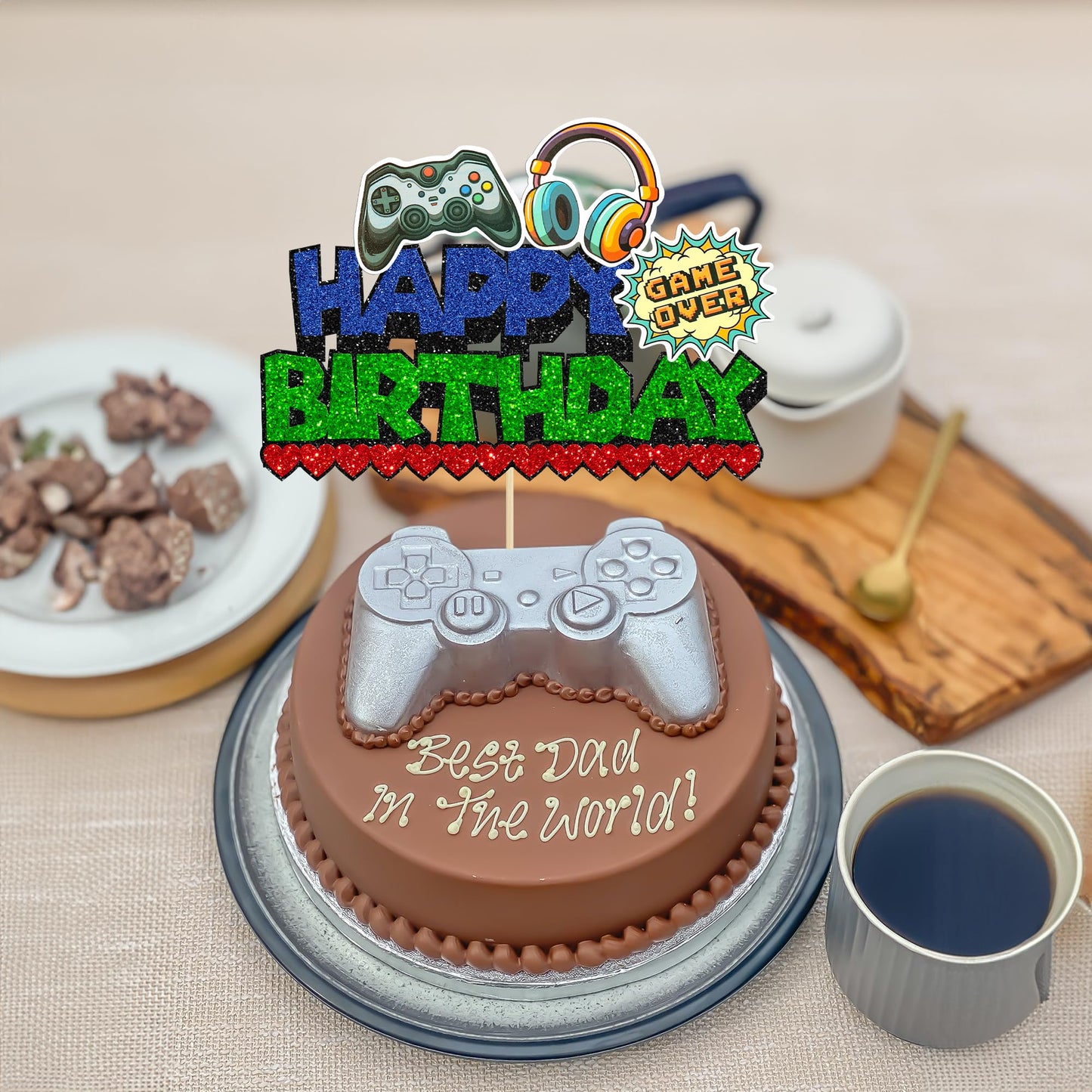 Ephlyn 1Pcs Video Game Happy Birthday Cake Topper Glitter Video Game Cake Pick Game On Controllers Gamepad Cake Decoration For G