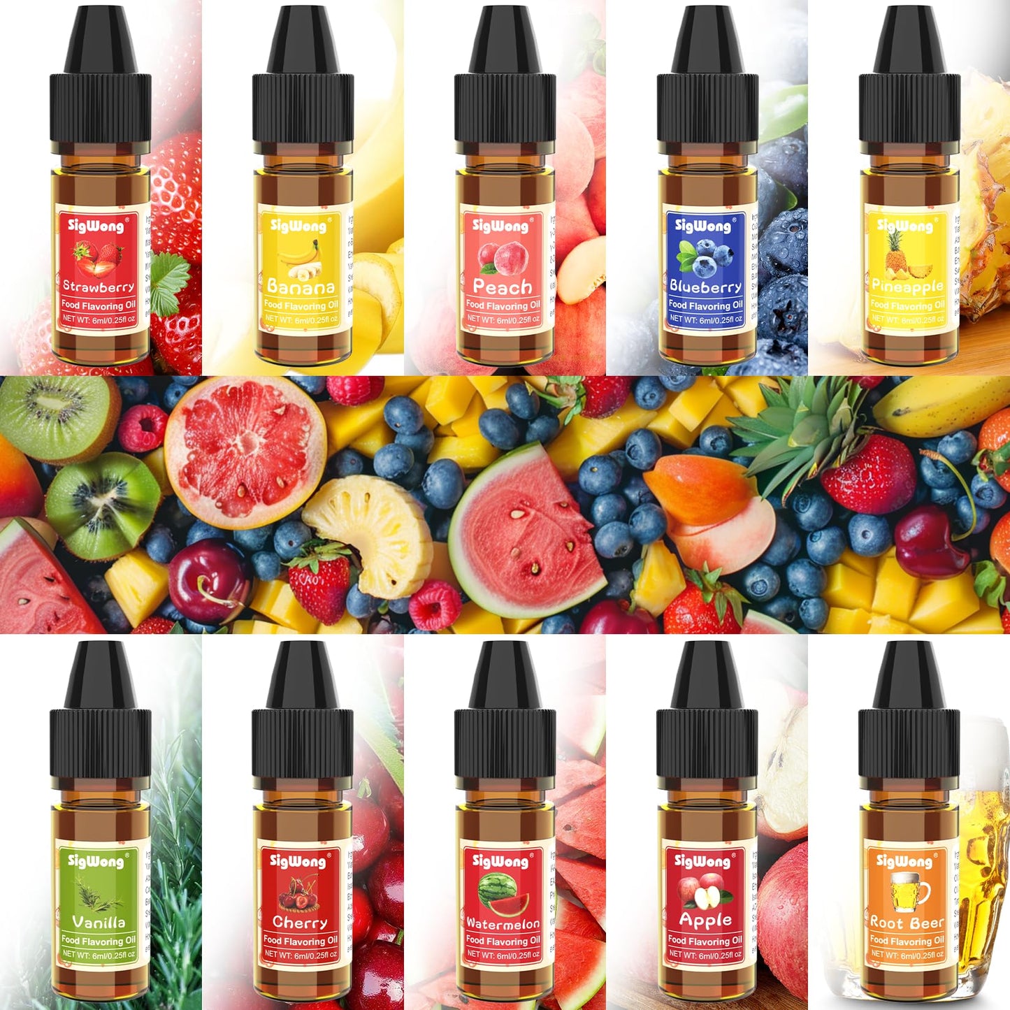 SigWong Food Flavoring Oil - 10 Concentrated Candy Flavors for Lip Balm, Baking, Cooking, Soap - 0.25 Fl Oz (6 ml) Bottles