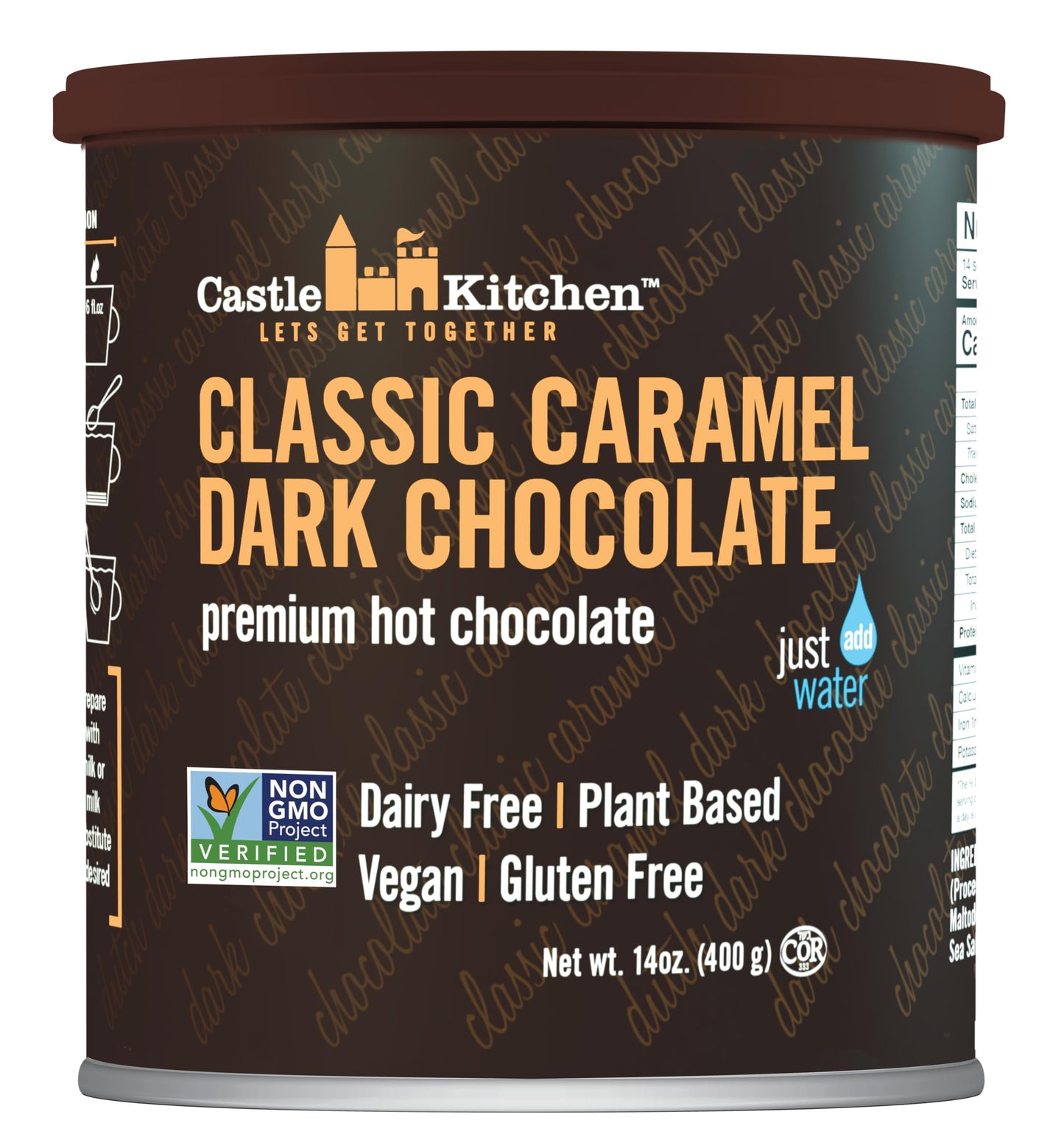 Castle Kitchen Classic Caramel Dark Chocolate Premium Hot Cocoa Mix - Dairy-Free, Vegan, Plant Based, Gluten-Free, Non-GMO Proje