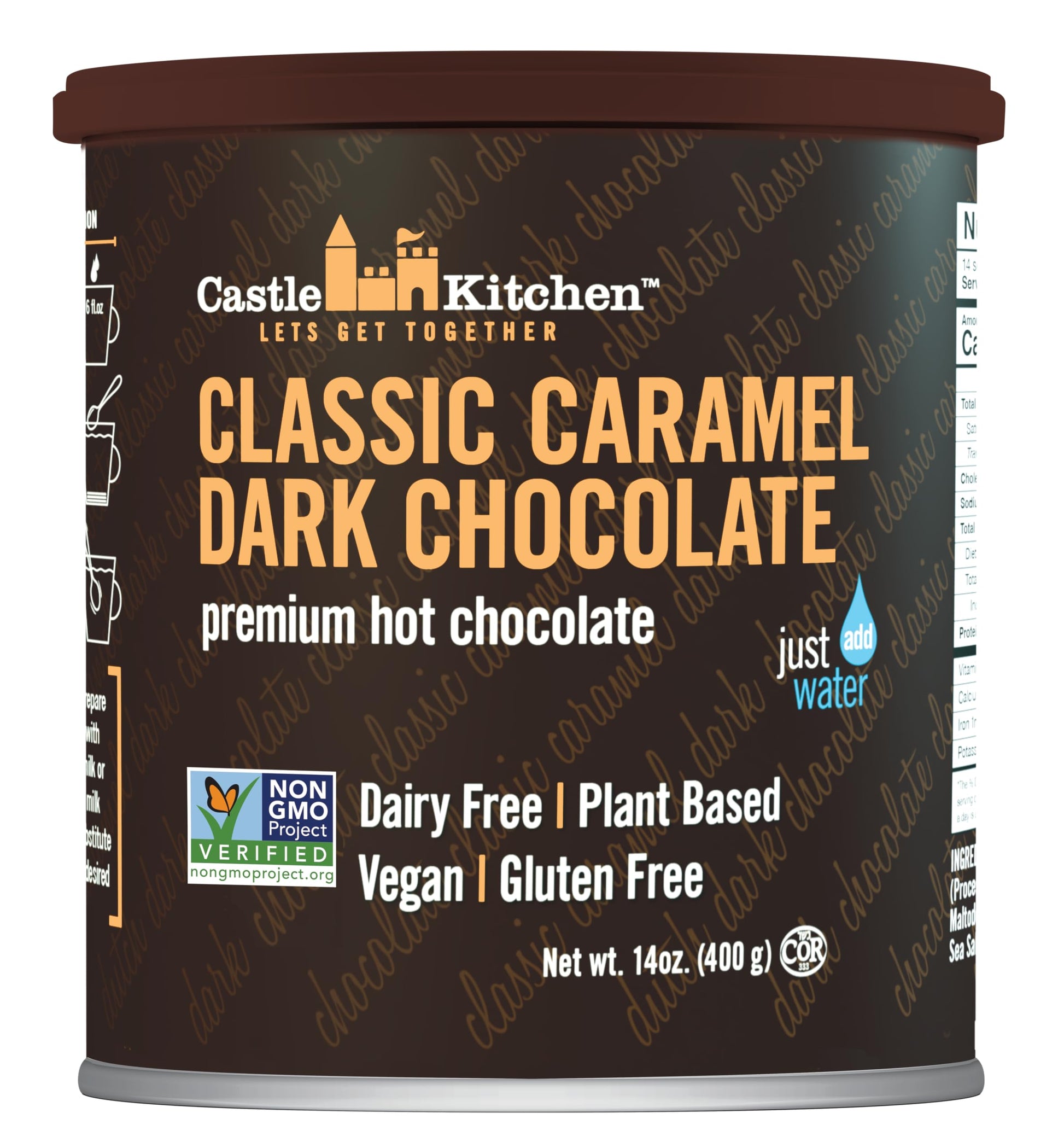 Castle Kitchen Classic Caramel Dark Chocolate Premium Hot Cocoa Mix - Dairy-Free, Vegan, Plant Based, Gluten-Free, Non-GMO Proje