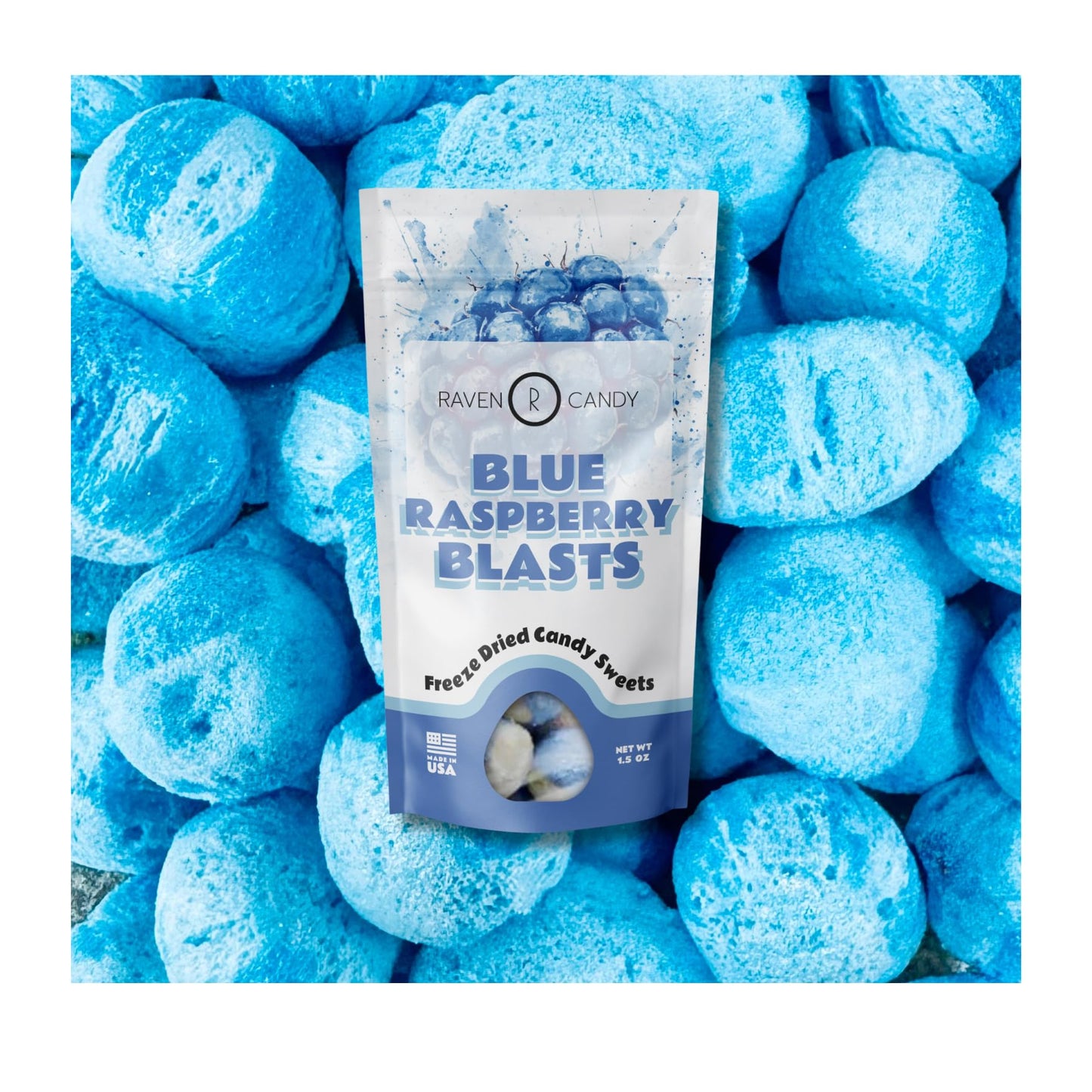 Raven Candy Blue Raspberry Blasts Freeze Dried Candy 1.5 oz | Crunchy & Zesty | Perfect for On-The-Go Snacking | Light & Airy Sw