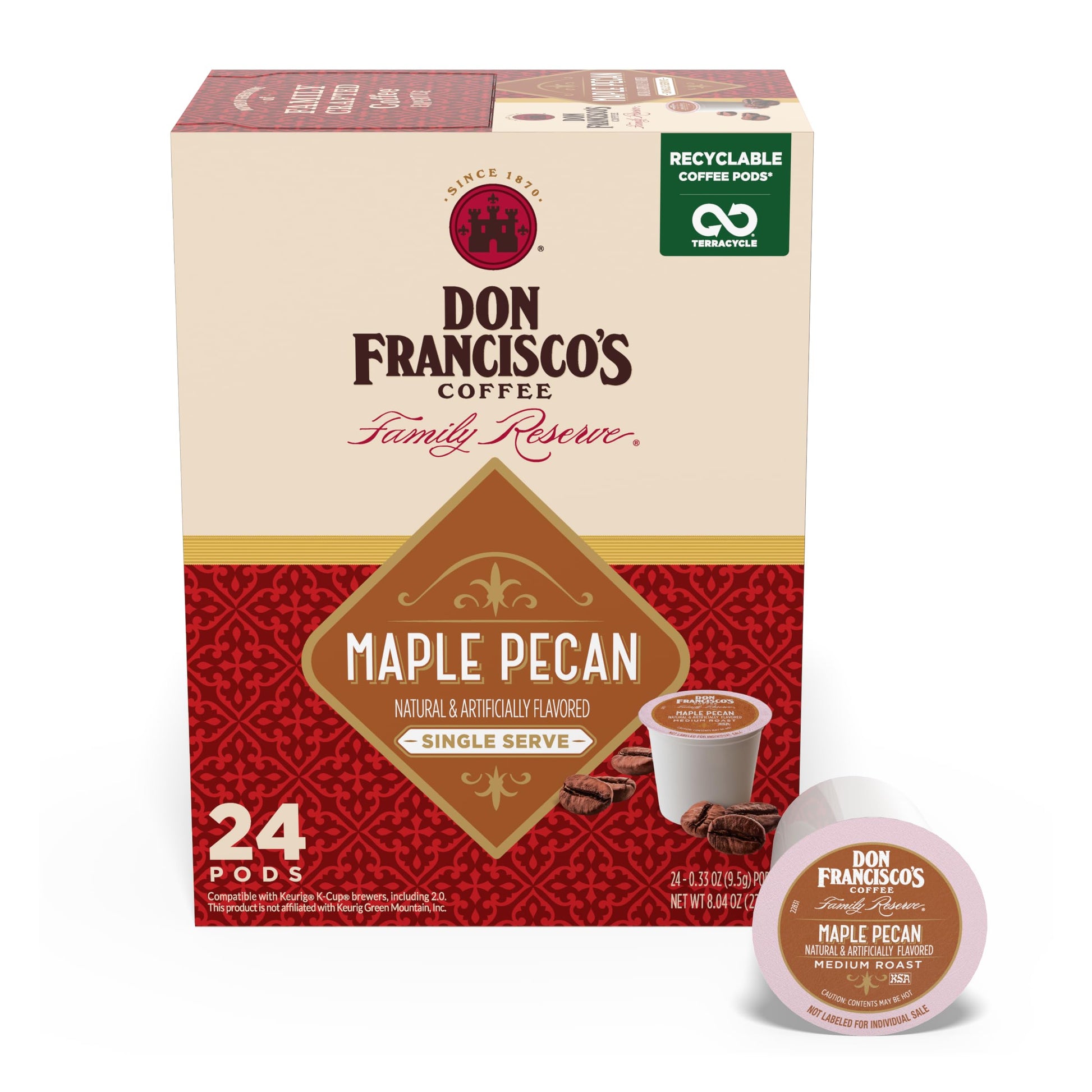 Don Franciscos Maple Pecan Flavored Coffee  100% Arabica  24 K-Cup Compatible Single-Serve Pods - 100% Arabica With Warmth of Maple and Toasted Pecans With Creamy Caramel Undertones