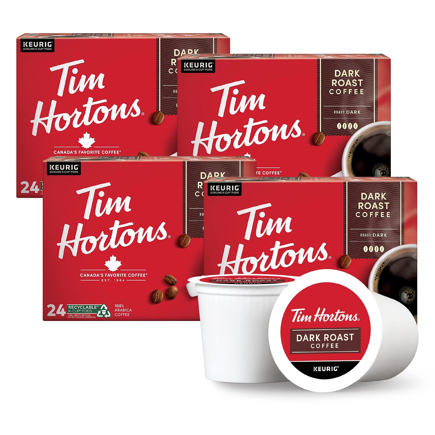 Tim Hortons Dark Roast Coffee K-Cup Pods, 96 Count, Compatible with Keurig, Red, 24 Count (Pack of 4)