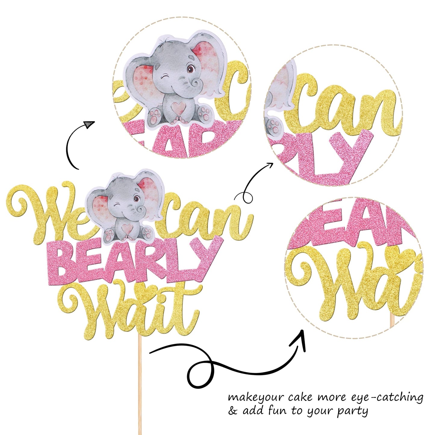 1 Pcs We Can Bearly Wait Cake Topper With Elephant Glitter Baby Shower Cake Pick For New Born Gender Reveal Kids Birthday Party