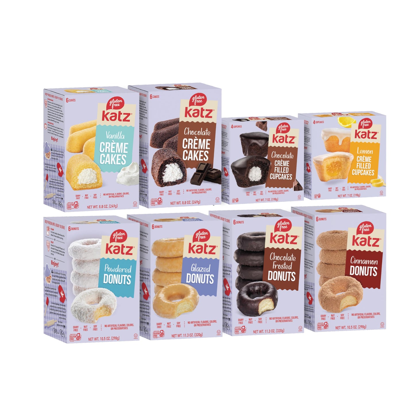 Katz Gluten Free 8pk. 2 Flavors Crme Cakes, 2 Flavors Crme Cupcakes, 4 Flavors Donuts. Free of Gluten, Dairy, Tree Nuts, Peanuts