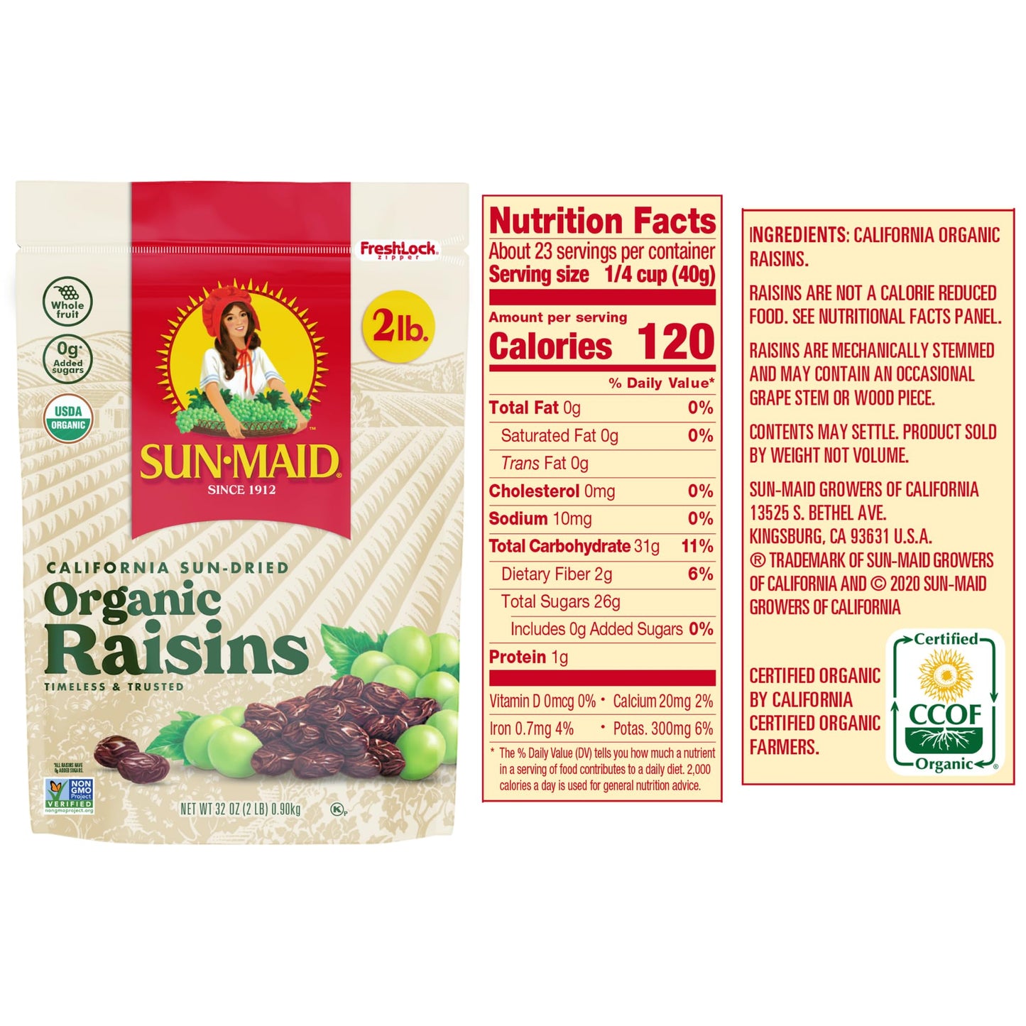 Sun-Maid Organic California Sun-Dried Raisins - 32 oz Resealable Bag - Organic Dried Fruit Snack for Lunches, Snacks, and Natura