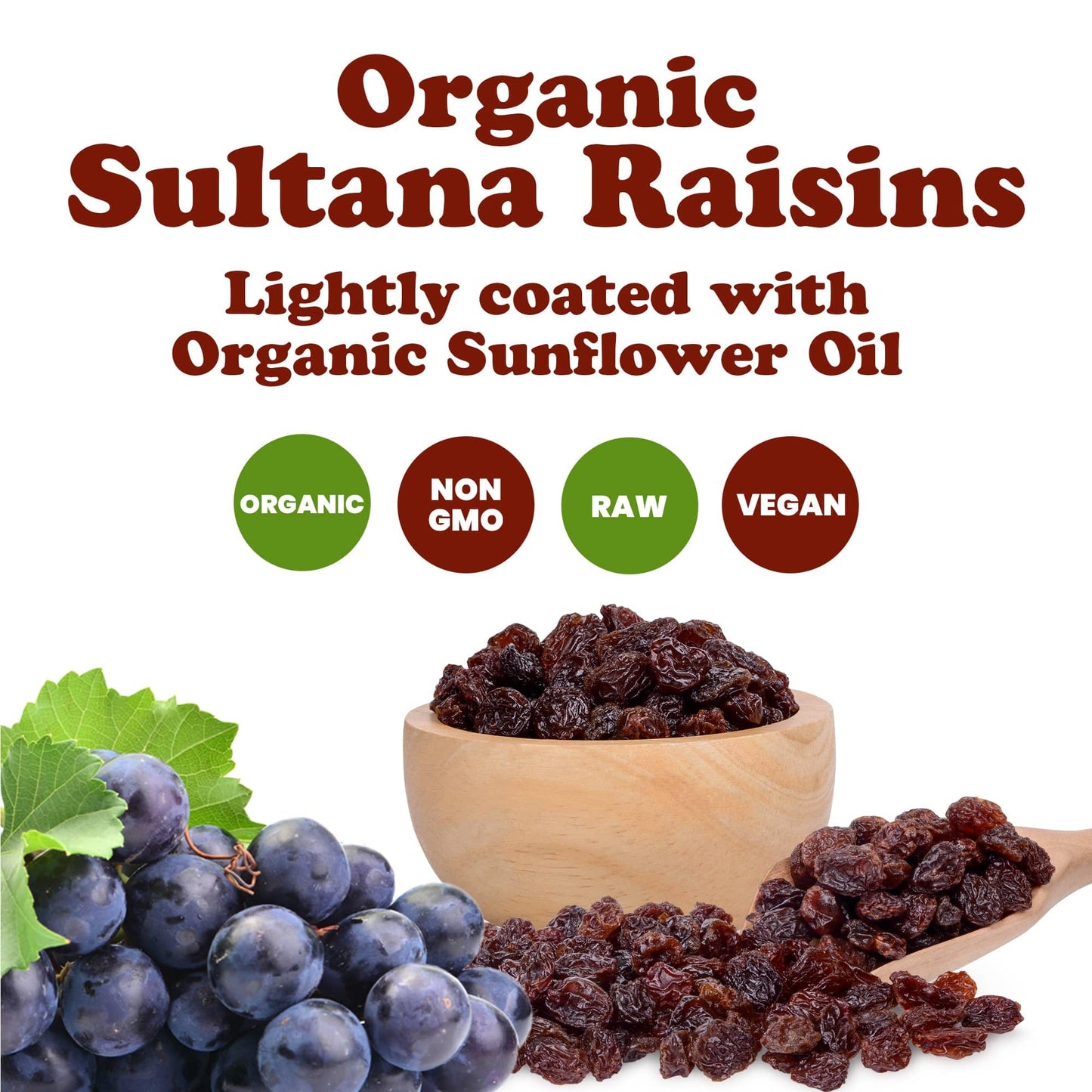 Organic Sultana Raisins, 1.5 Pounds - Non-GMO, Unsweetened, Unsulfured, Lightly Coated with Organic Sunflower Oil, Vegan, Paleo