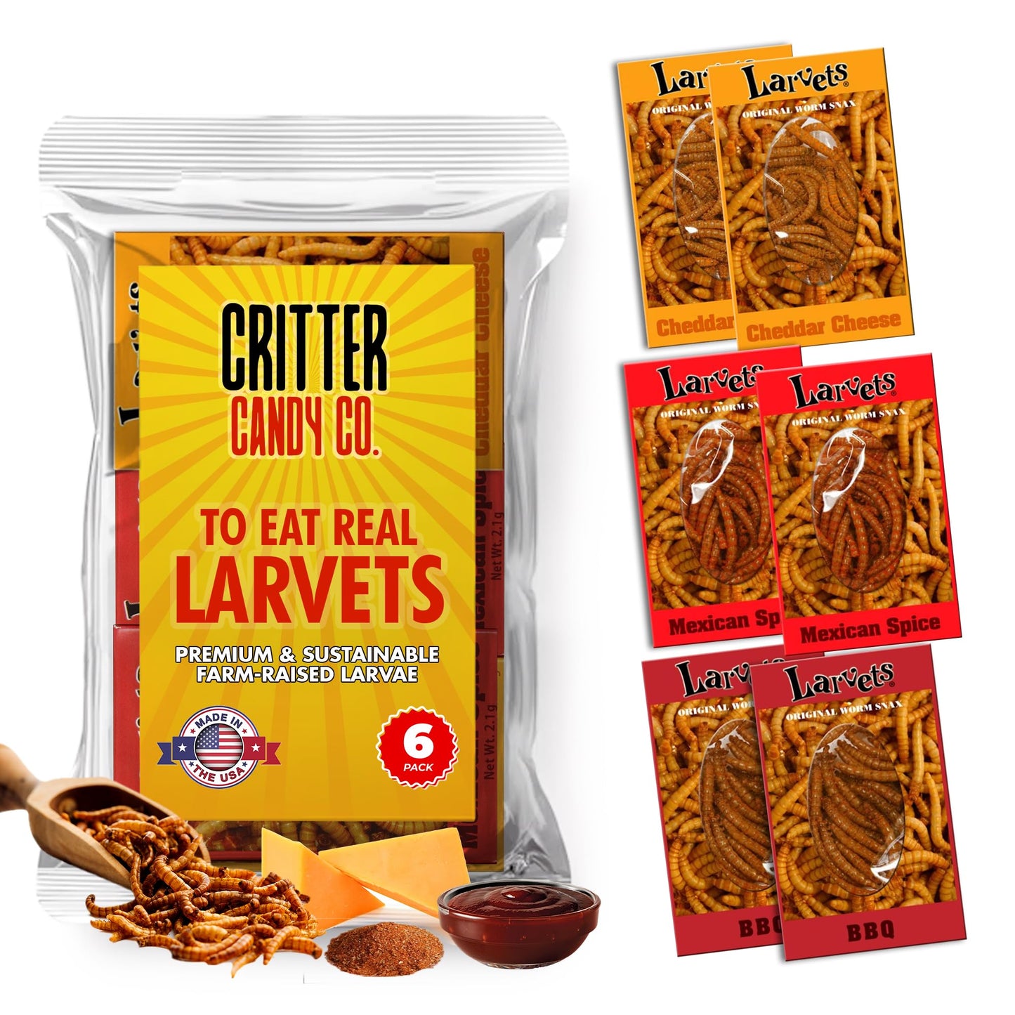 Hotlix Larvets Edible Bugs (6-Pack) | Real Flavored Edible Larvae In Mexican Cheese, Cheddar Cheese & Bbq | Exotic Snacks For Mature-Themeds | Snack Food Gifts For Any Occasions | Flavored Bugs To Eat