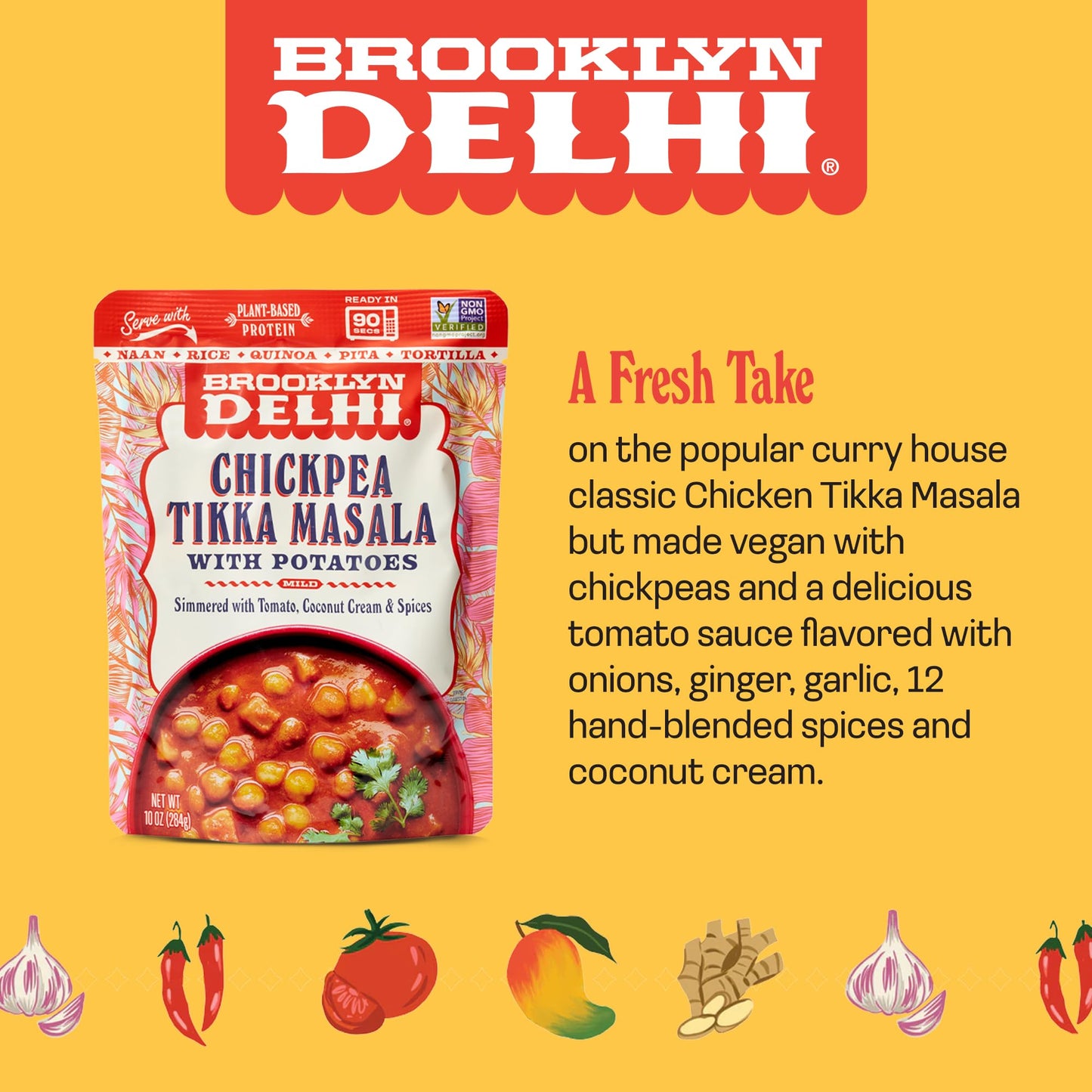 Brooklyn Delhi Chickpea Tikka Masala Pouches - Ready To Eat, Microwavable Entree - Vegan, Gluten Free, Non-Gmo - 10Oz, Pack Of 1