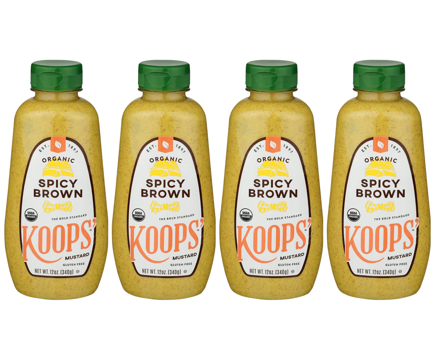 KOOPS Organic Spicy Brown Mustard, Gluten-Free, Kosher, USDA Certified, 12 Oz, Pack of 4