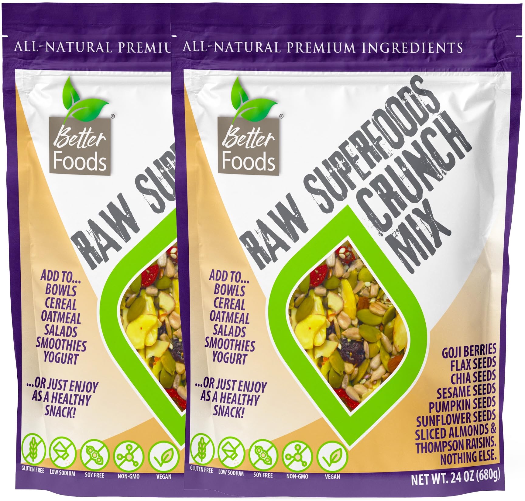 BetterFoods Raw Superfoods Crunch Mix | Premium Pumpkin, Sunflower, Flax, Chia, Sesame Seeds, Almonds, Goji Berries & Raisins Bl