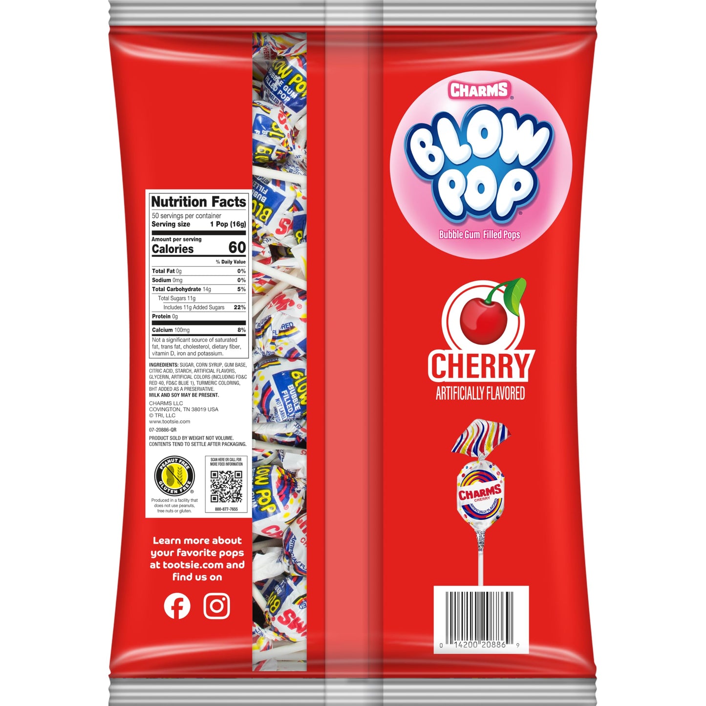 Charms Blow Pop Single Flavor Bag - Cherry Flavored Lollipops With A Bubble Gum Center - Individually Wrapped Hard Candy - Red C