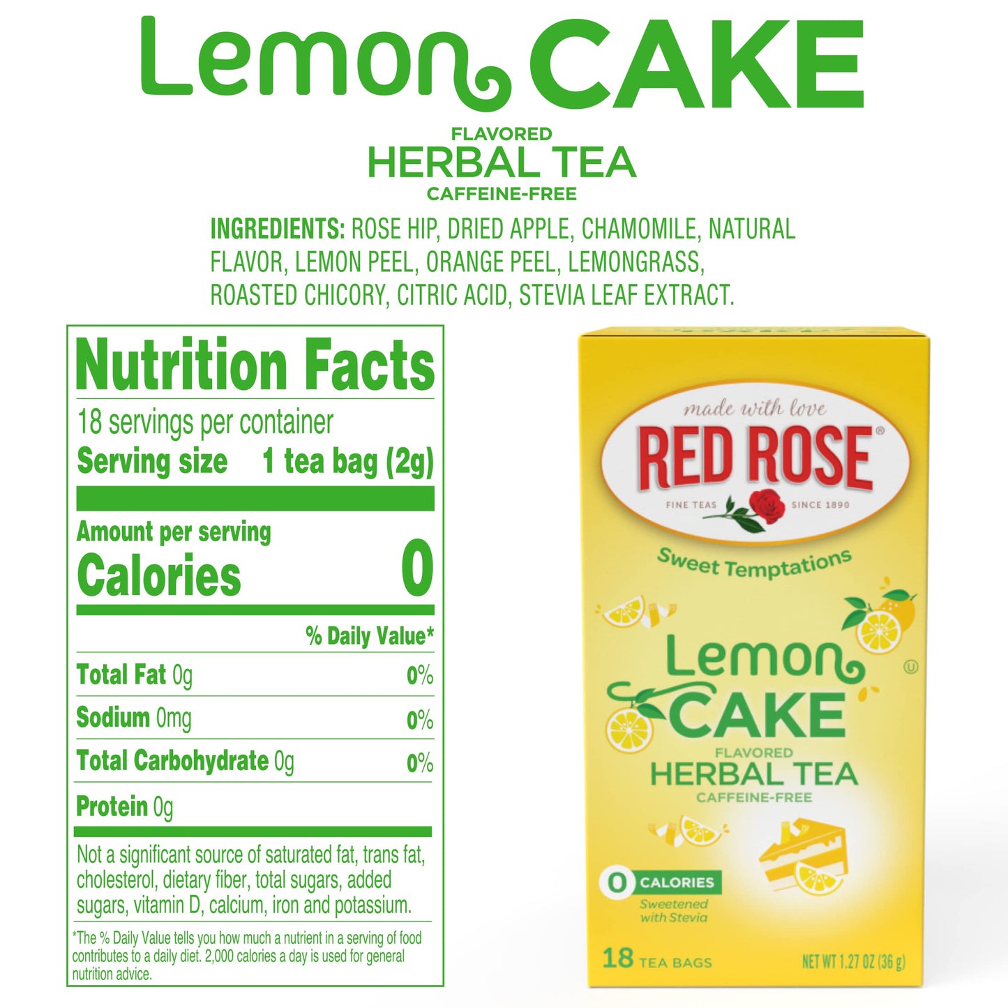 Red Rose Dessert Tea - Lemon Cake Flavor, Caffeine-Free, 18 Count Pack of 6, Zero Carbs, Zero Sugar, Naturally Flavored Herbal Tea