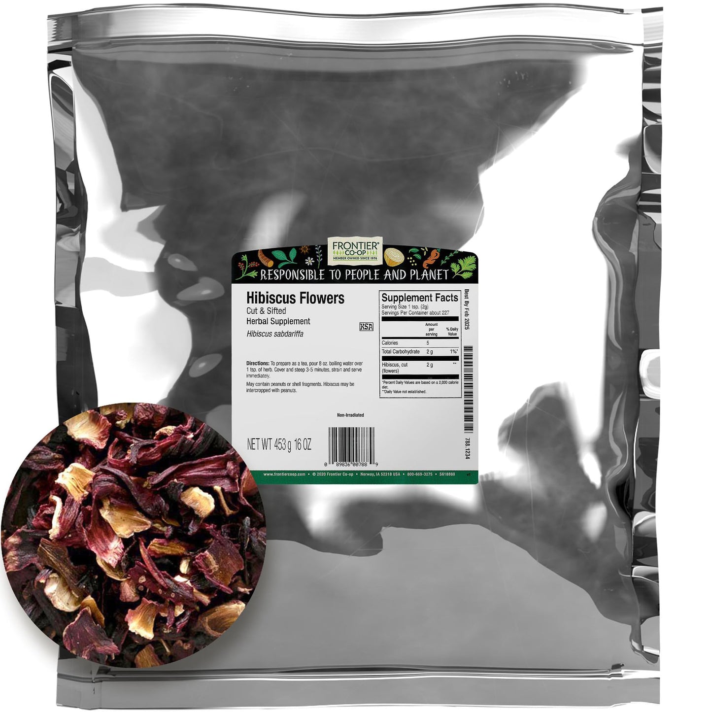 Frontier Co-op Hibiscus Flowers, Cut & Sifted, Kosher, 1 lb Bulk Bag