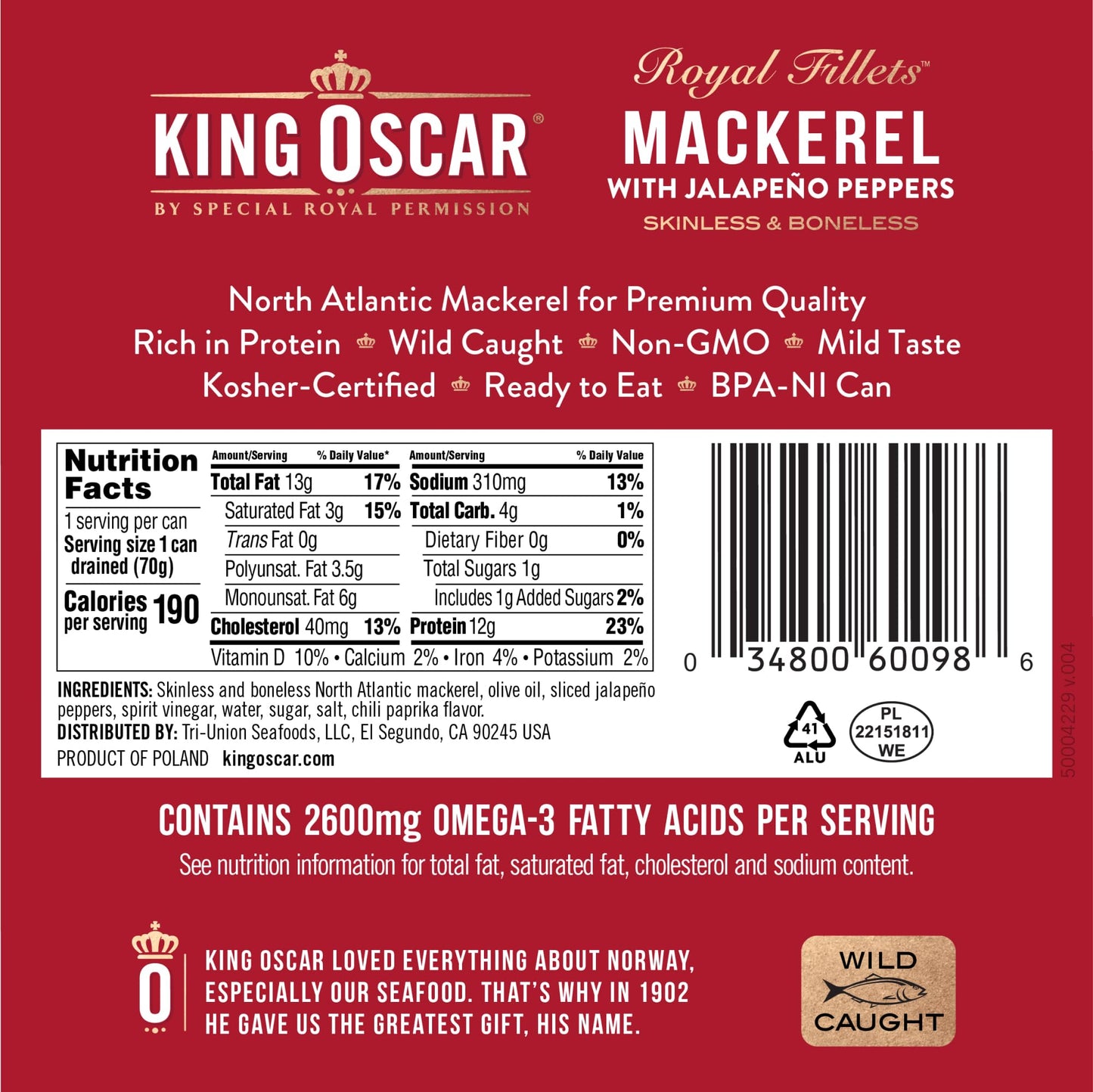 King Oscar Mackerel Fillets with Jalapeño Peppers, 4.05 oz Cans, Pack of 12