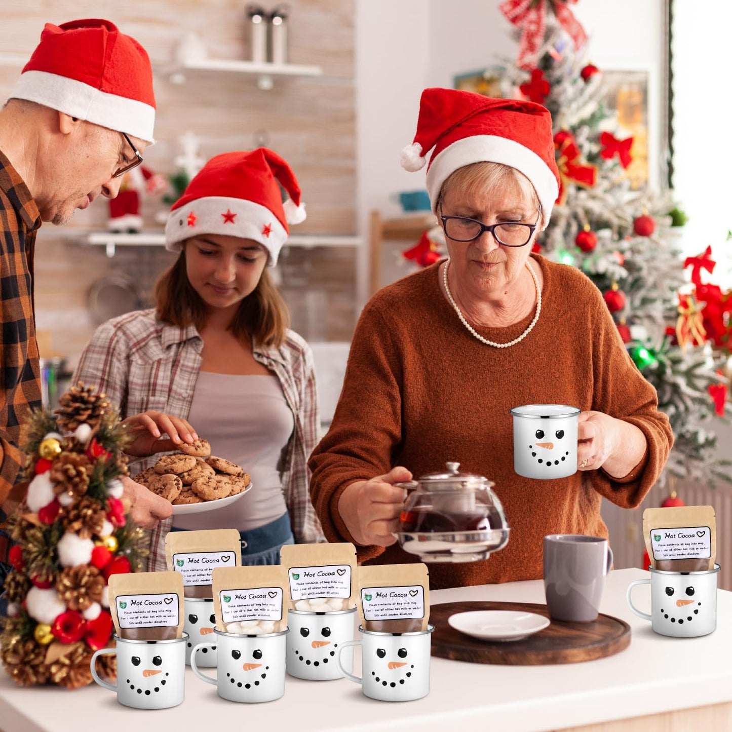 Vesici 6 Set Christmas Hot Cocoa Gift Sets with Mug Includes Snowman Enamel Cup Mini Kraft Paper Pouches and Labels Stickers for