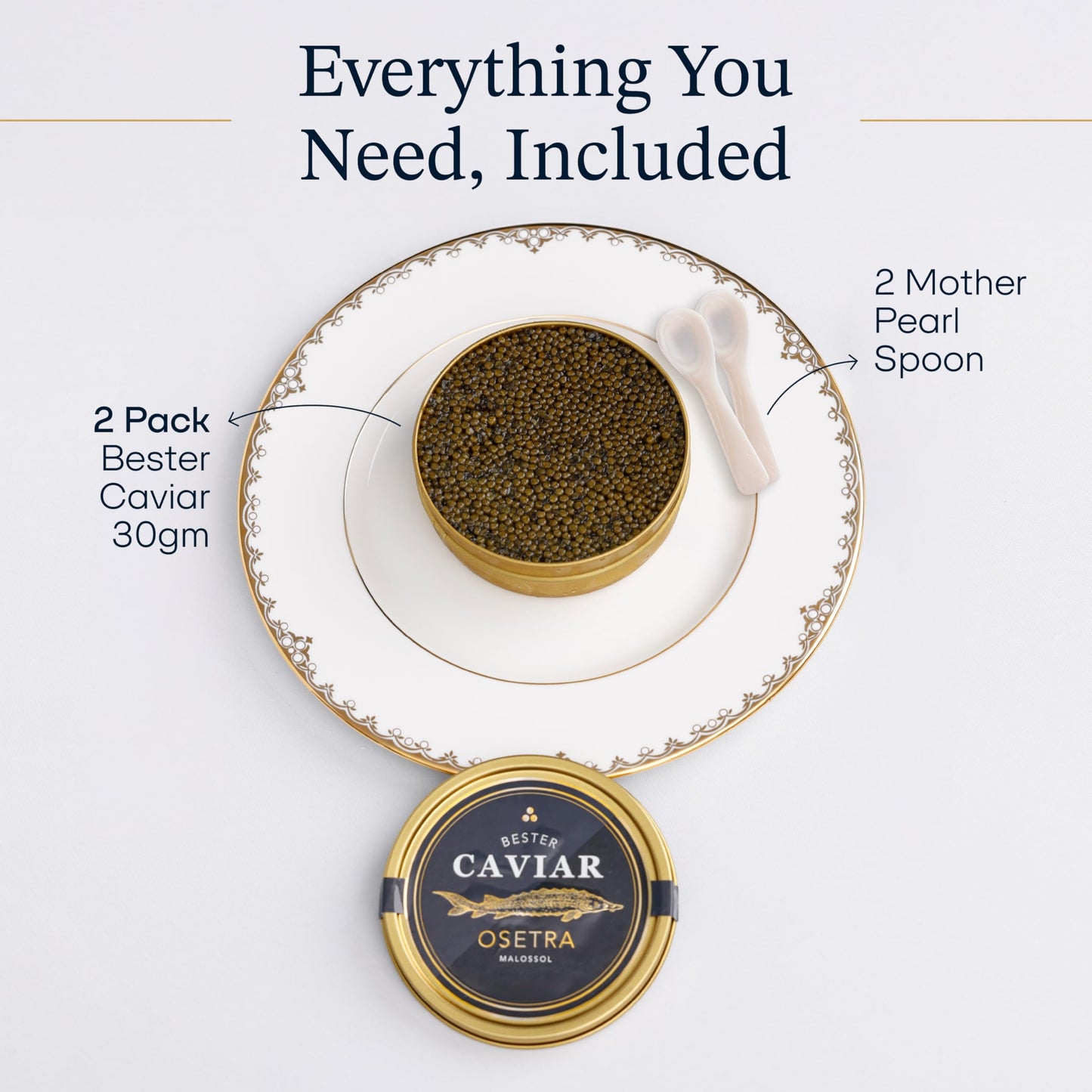 BESTER CAVIAR enhanced Osetra Sturgeon Caviar - Traditionally Harvested Malossol Ossetra Black Roe with 2 Mother of Pearl Spoons - Duo Set - 2 Tins (1.06 oz Each)