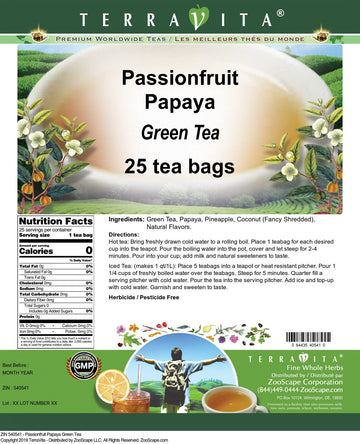Terravita Passionfruit Papaya Green Tea - 25 Count Tea Bags, Refreshing Herbal Blend for Energy and Wellness