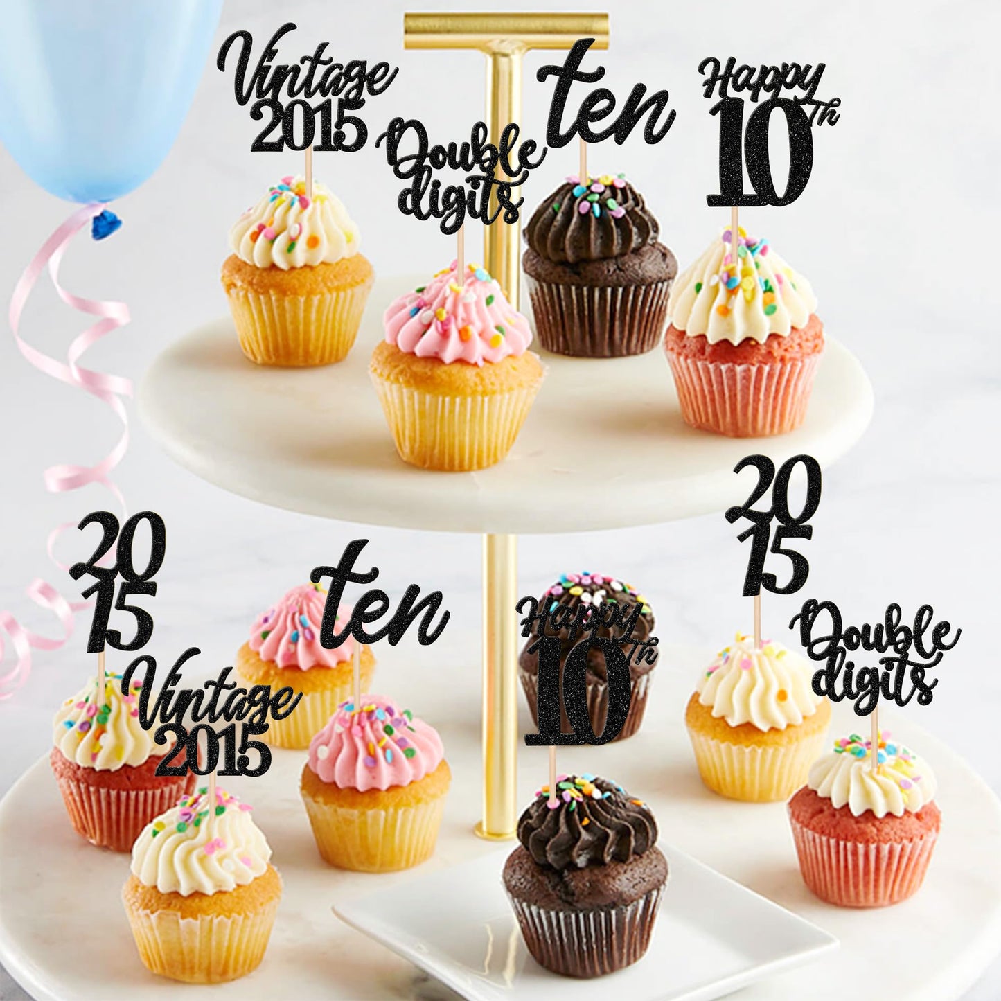 ZHUOWEISM 30PCS Cupcake Toppers for 10th Birthday Party Decorations, Black
