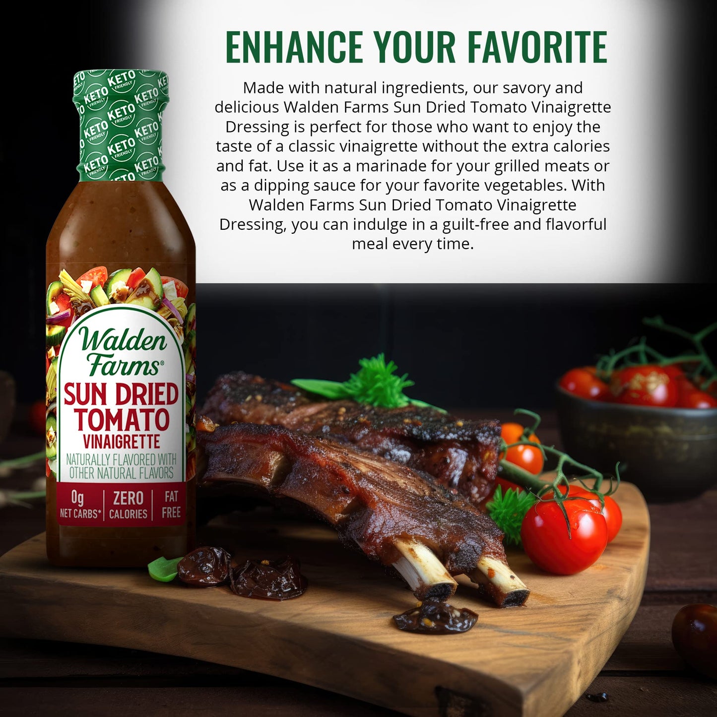 Walden Farms Sun Dried Tomato Vinaigrette Dressing 12 oz Bottle - Sugar Free 0g Net Carbs Condiment - So Tasty on Salad, Grilled