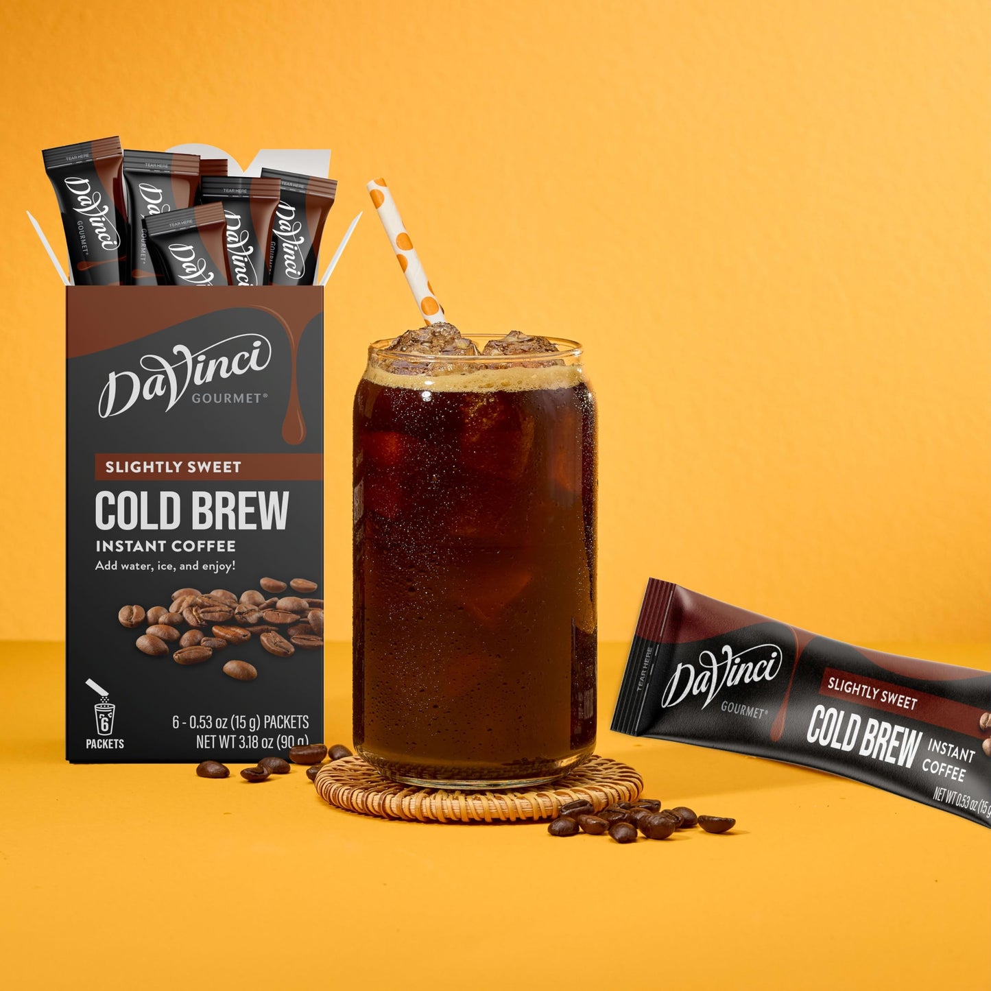 DaVinci Gourmet Cold Brew Coffee Stick Packs, Slightly Sweet, 6 Count, Instant Coffee, Coffee Flavor