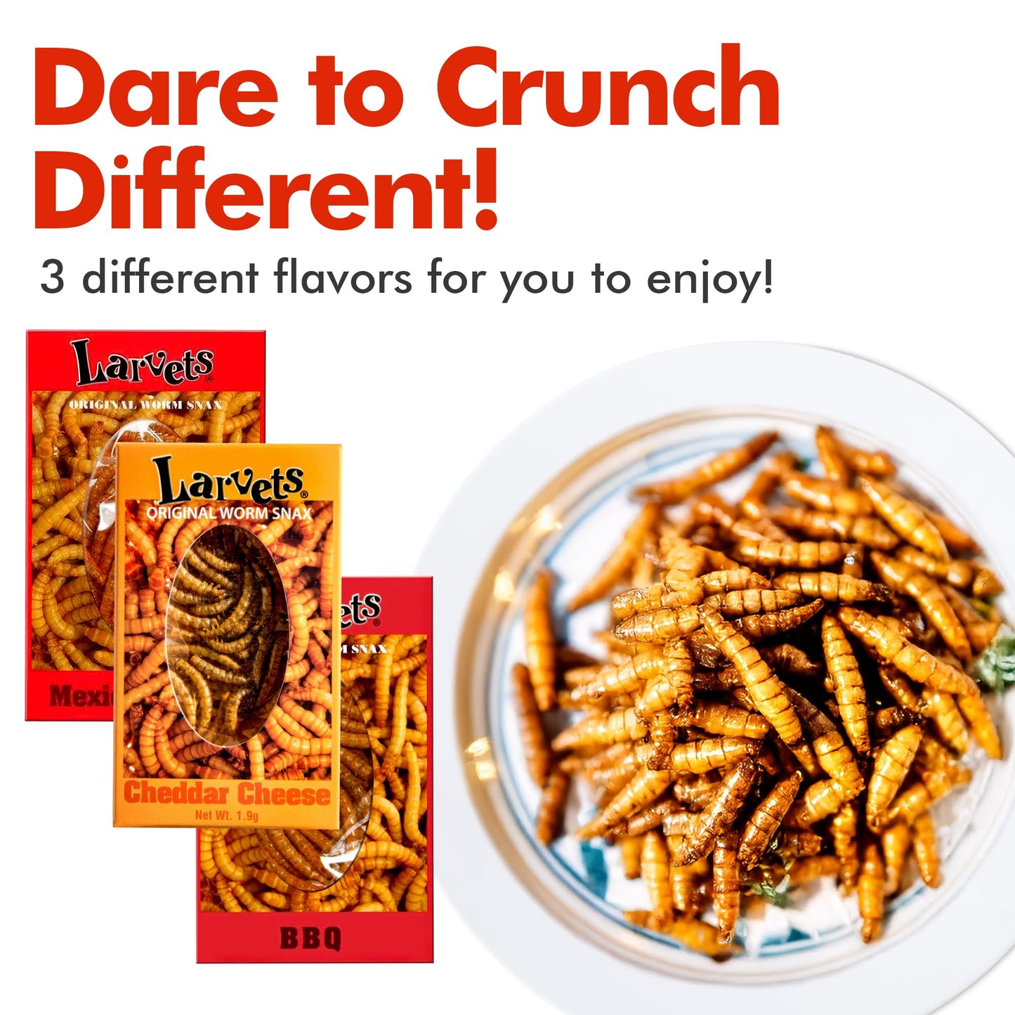 Hotlix Larvets Edible Bugs (6-Pack) | Real Flavored Edible Larvae In Mexican Cheese, Cheddar Cheese & Bbq | Exotic Snacks For Mature-Themeds | Snack Food Gifts For Any Occasions | Flavored Bugs To Eat