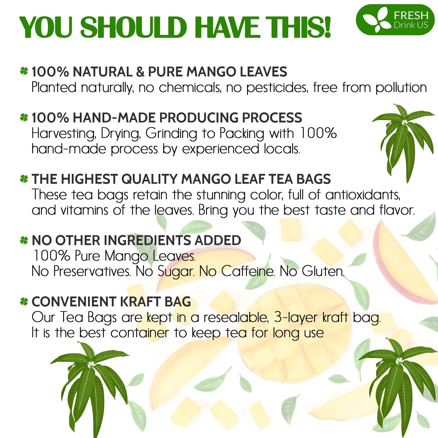 FRESHDRINKUS Mango Leaf Tea Bags - 100% Natural Herbal Tea, Vegan, No Caffeine, 15 Bags