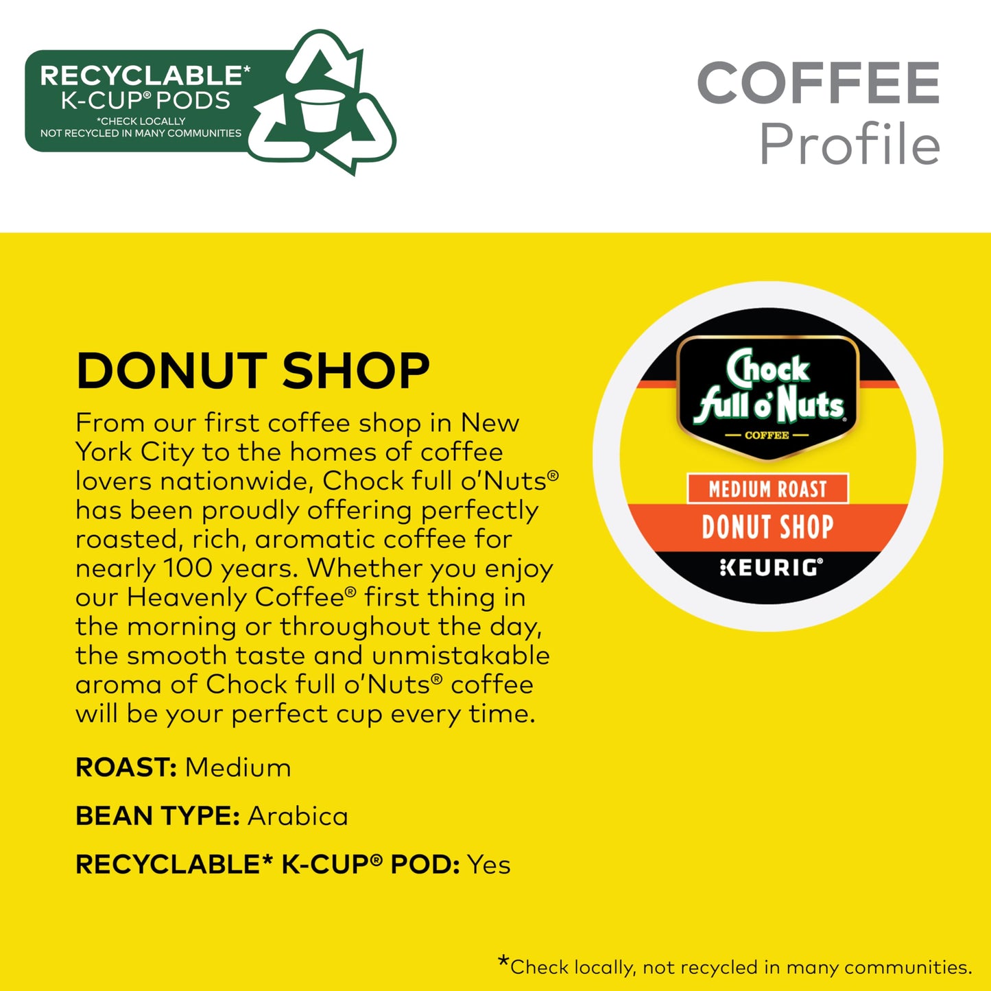 Chock Full Onuts Keurig K-Cup Pods - Donut Shop - Medium Roast, 24 Count, Pack Of 4