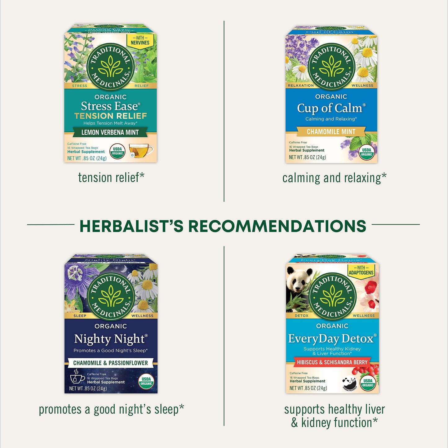 Traditional Medicinals Organic  Stress Ease Calm with Adaptogens  Ashwagandha & Honeybush - Promotes Relaxation - Kosher  Non-GMO  Caffeine-Free  Compostable - 96 Tea Bags (6 Packs of 16)