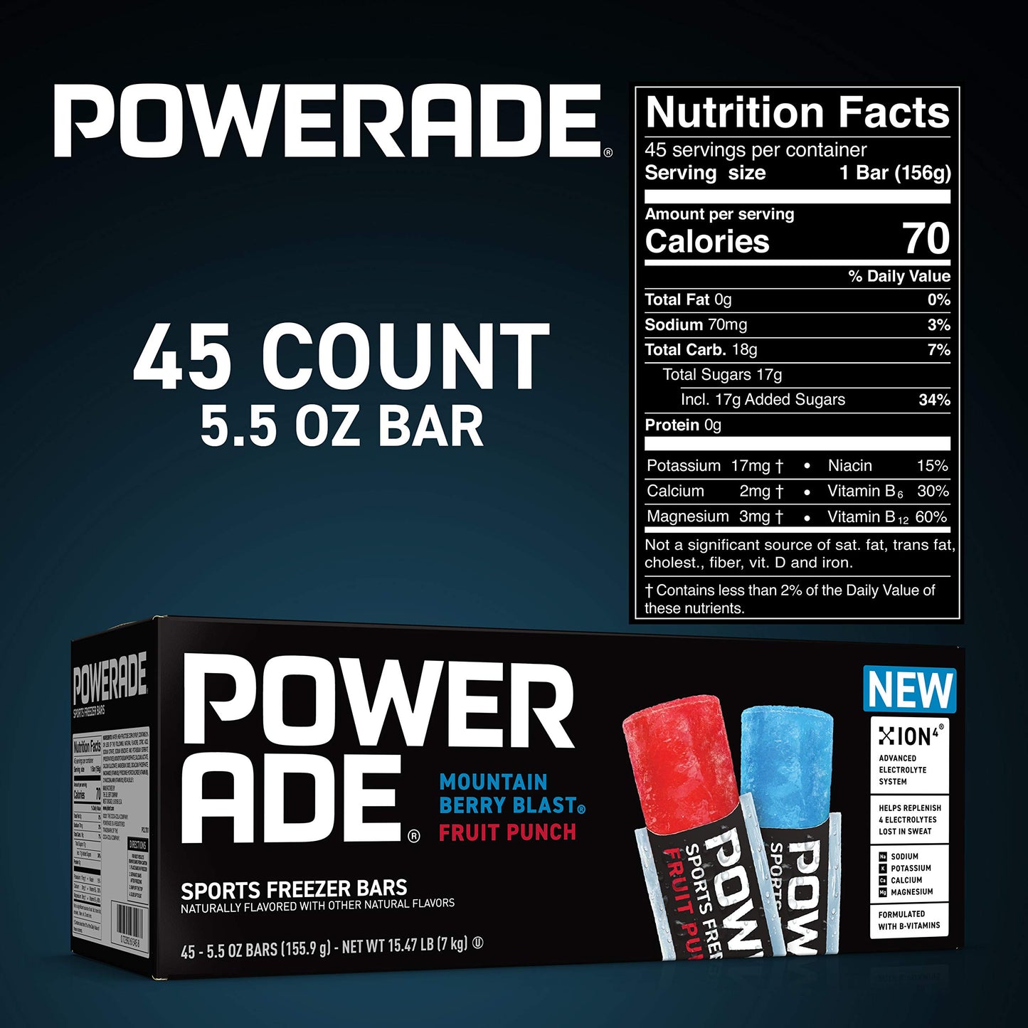 POWERADE Sports Freezer Bars  Giant Sized 5.5 oz Refreshing Ice Pops with Electrolytes B Vitamins - Naturally Flavored  Mountain Berry Blast and Fruit Punch  45 Total Freezer Bars